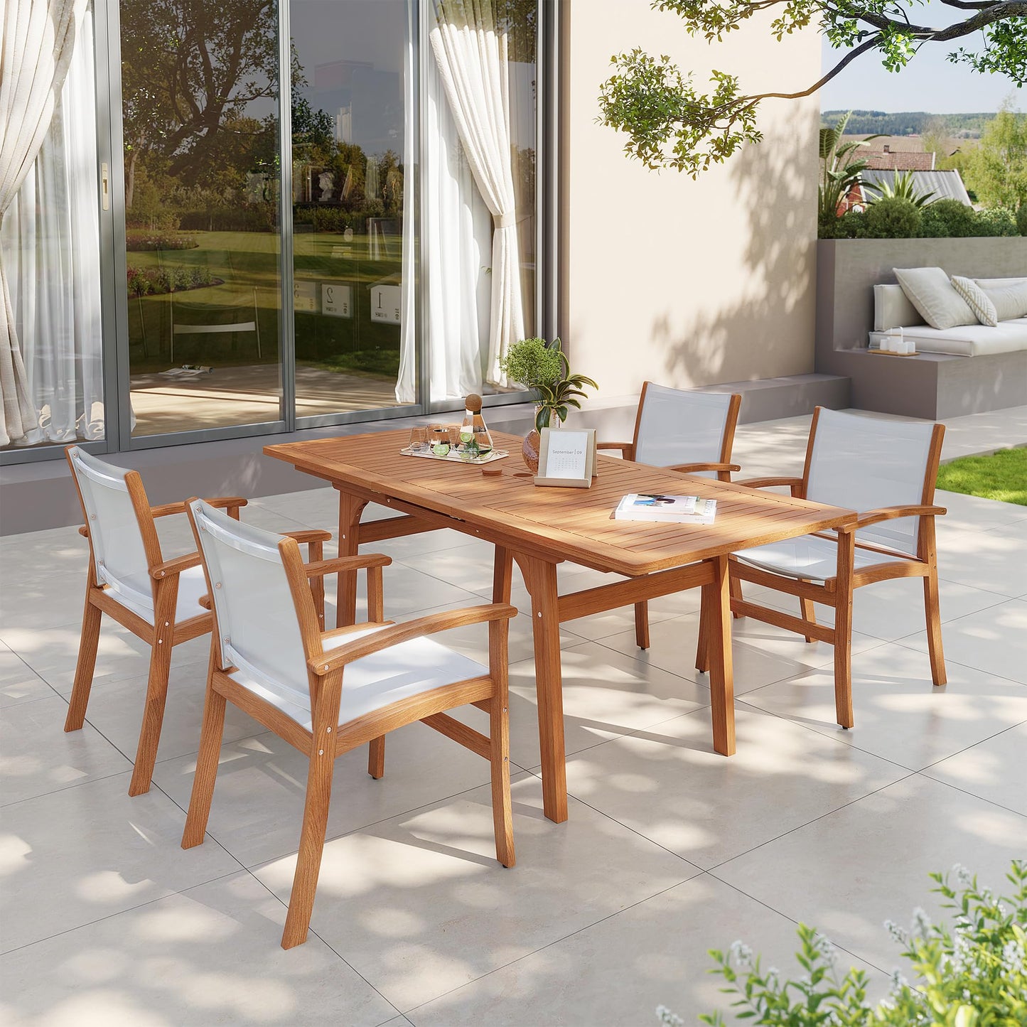 OC Orange-Casual Patio Furniture Set, Acacia Wood Patio Dining Set for 6-8, Outdoor Expandable Table and Chairs Set with Umbrella Hole and Breathable Textilene Fabric for Garden (White, 5 Pieces)