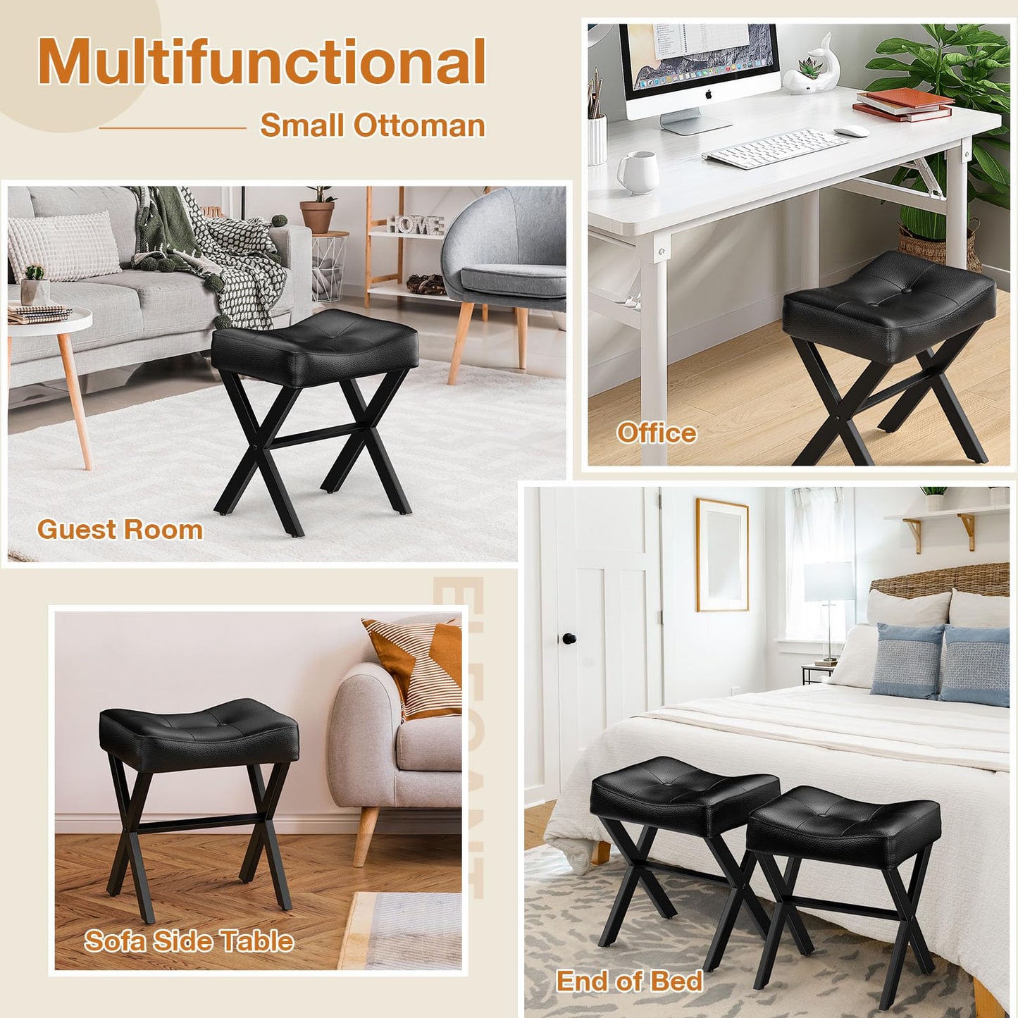 Memobarco 18-Inch Leather Vanity Stool Chair, Vanity Bench with Metal X-Leg, Ottoman Foot Stool with Thick Padded Saddle Seat, Black