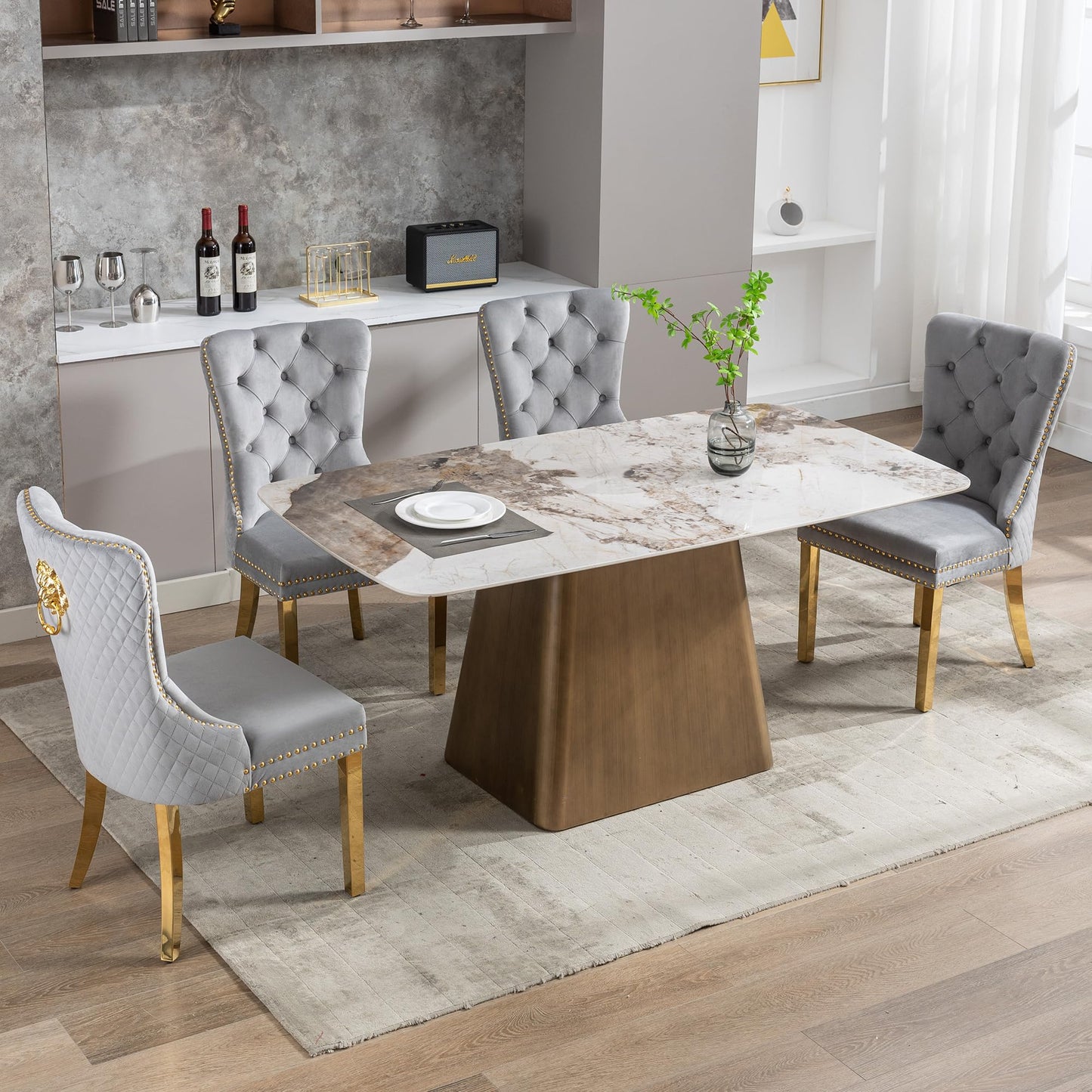 GOOLON Velvet Dining Chairs Set of 4, Upholstered Dining Room Chairs, Mid-Century Modern Chairs with Diamond Lattice Tufted Back, Lion Pull Ring Rivet Trim, Golden Metal Legs for Kitchen, Light Grey