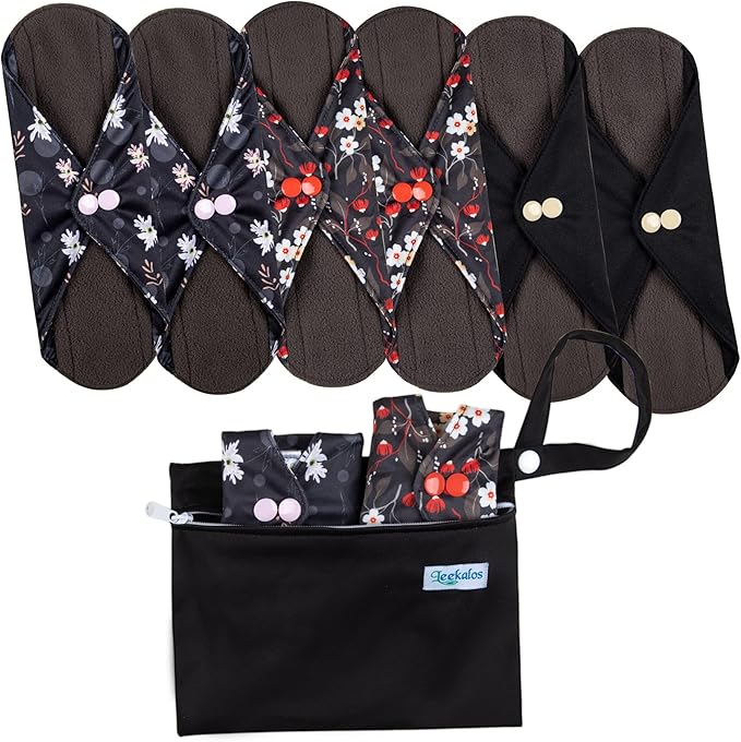 Leekalos Reusable Menstrual Pads - Bamboo Menstrual Cloth Pads | Light Incontinence Pads | Reusable Sanitary Pads - Pack of 6, 1 Cloth Mini Wet Bag