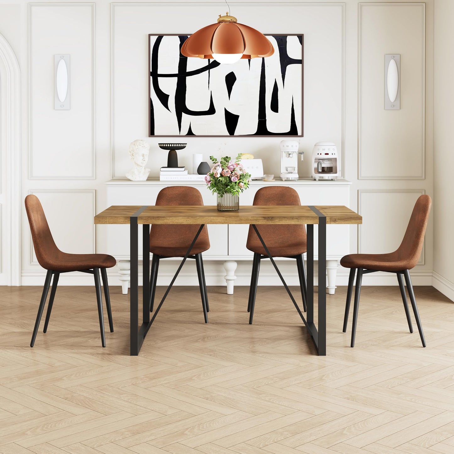 Ganooly Rustic 5 Piece Dining Room Table Set for 4 People, Mid Century Modern 55 Inch Rectangle Wood Kitchen Dining Table with 4 Fabric Chairs Set, Suitable for Kitchen Dining Room