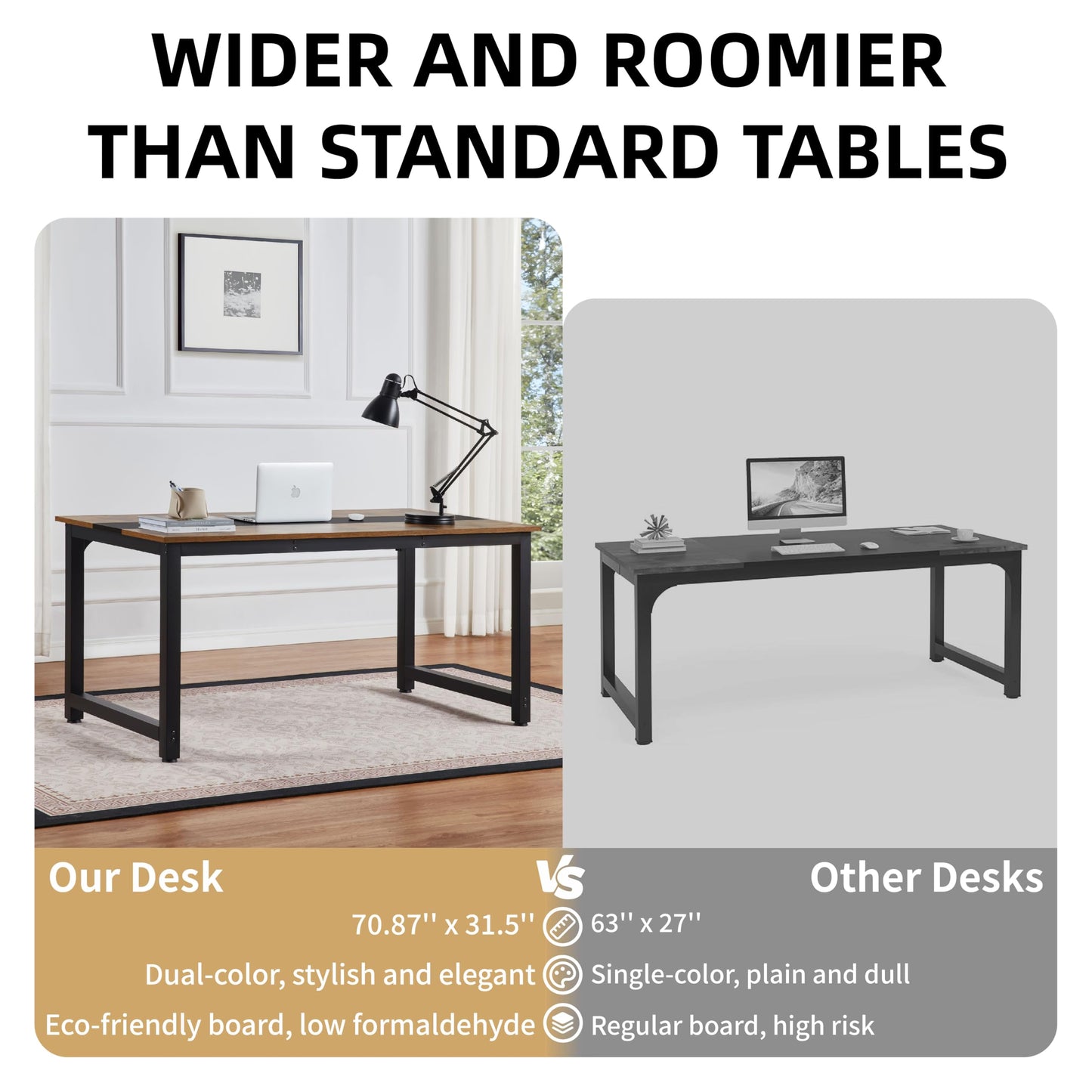 FitStand Large Office Computer Desk with Thicken Frame, 71 inch Modern Simple Workstation Business Furniture for Home Office, Rustic/Black