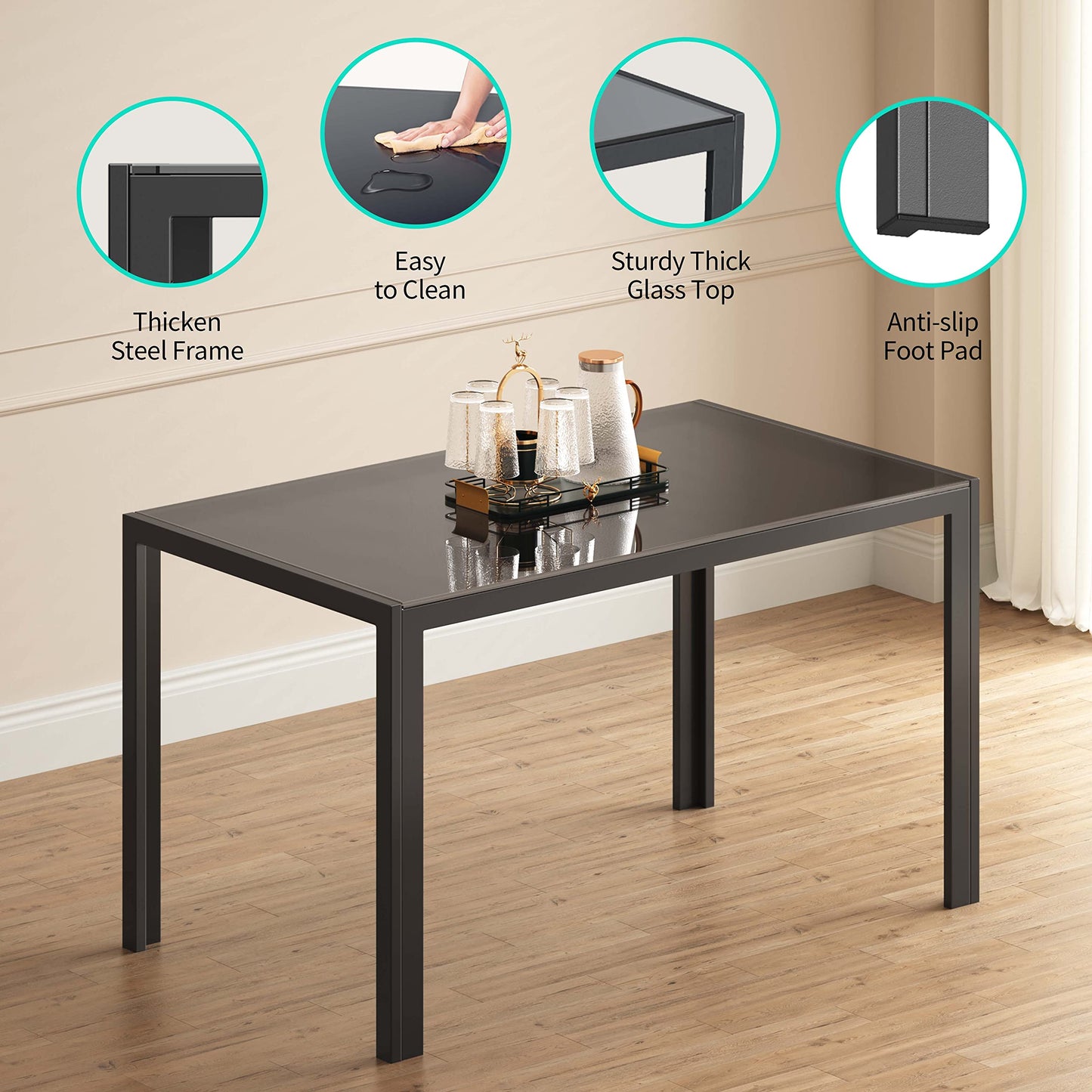 Gizoon 5 Piece Glass Dining Table Set, Kitchen and Chairs for 4, PU Leather Modern Room Sets for Home, Kitchen, Living Room