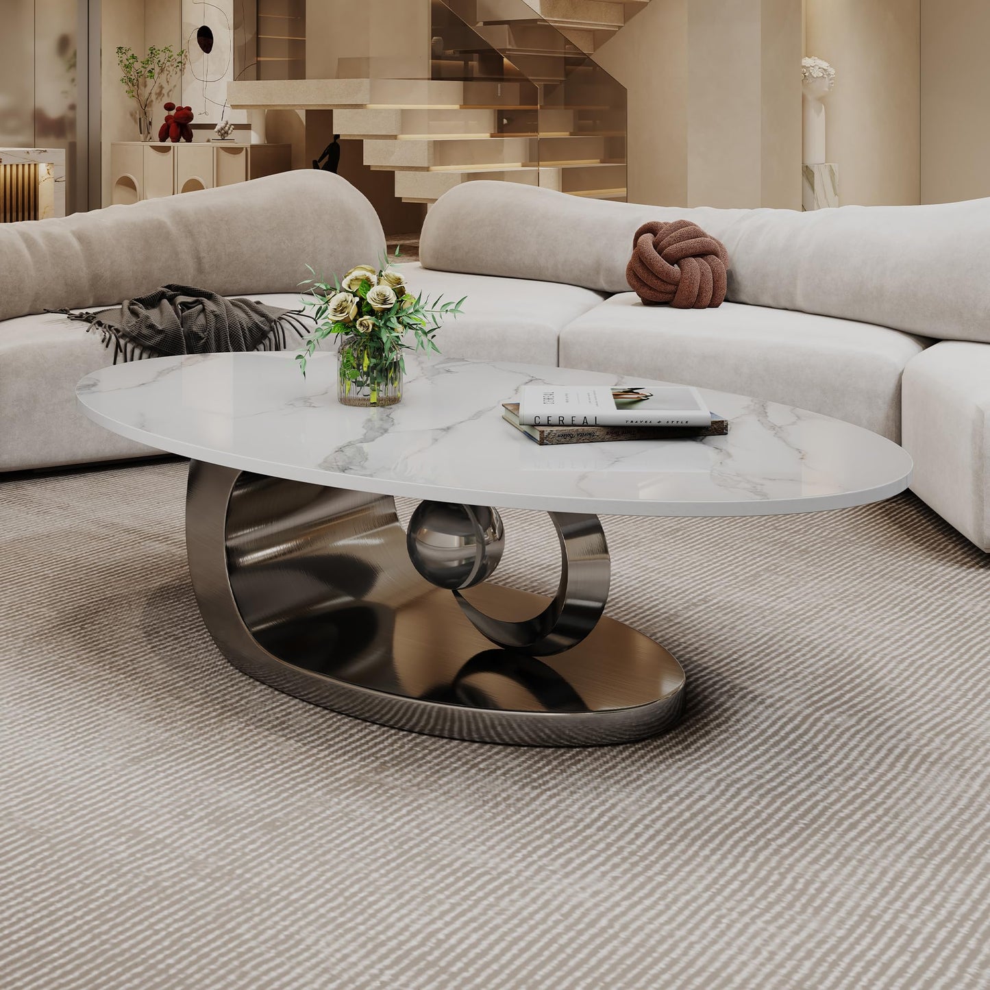 Mid Century Modern Coffee Table, 49.2" Large Oval Coffee Table w/White Faux Marble Tabletop & Silver Sculptural Stainless Steel Base, Minimalist Coffe Cocktail Center Table for Living Room Apartment