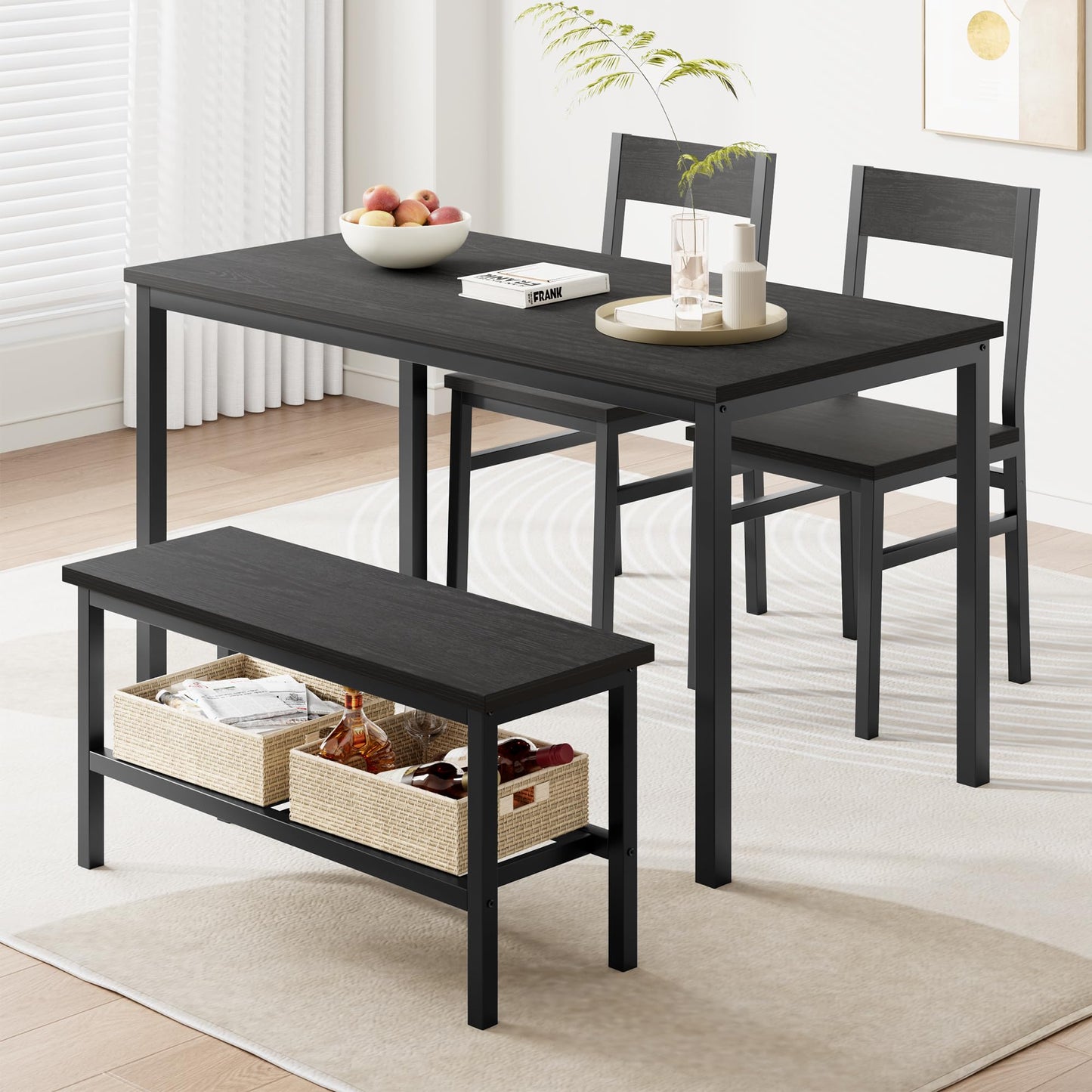 GarveeHome Dining Table Set for 4, Modern Kitchen Table with Chairs and Bench for Small Space, 4-Person Dining Room Table Set with Metal Frame and Storage Rack, Dinette Set for Apartment