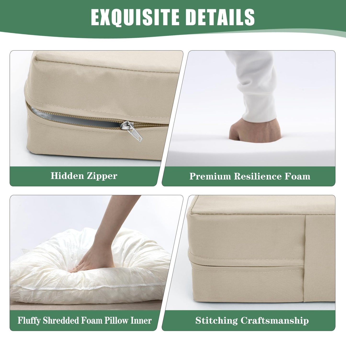 Summsun Patio Furniture Cushions Replacement Set of 2, Outdoor Deep Seat Couch Cushion and Backrest Pillow with Waterproof Removable Cover for Sectional Sofa Set, 25.6 x 25.6 Inch, Cream