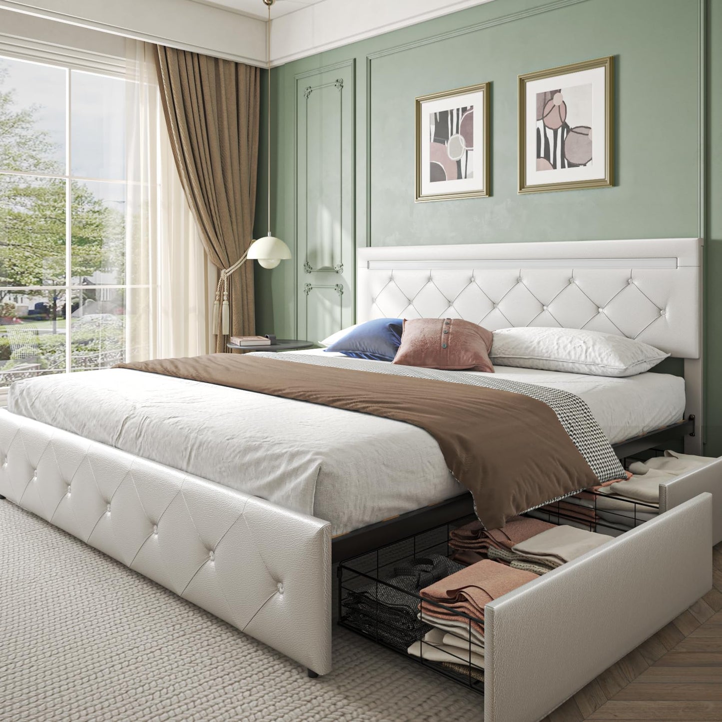 Forrise Bed Frame Queen Size with Storage Drawers and LED Light, 2 Sockets and 2 USB Ports, Adjustable Headboard with PU Leather Upholstered, No Box Spring Needed, Wooden Slats Support, White.