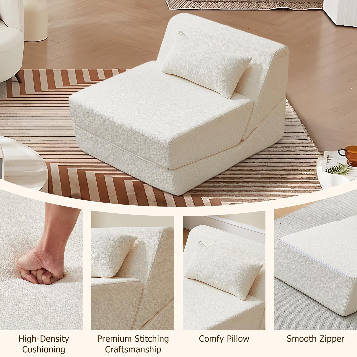 BAMOOLI Sleeper Sofa Bed, Convertible Fold Out Couch, Comfy Alpaca Wool Fabric Portable Foldable Floor Mattress Sleeper Chair with Pillow, Foldable Floor Sofa Lounge for Living Room, Bedroom, Beige