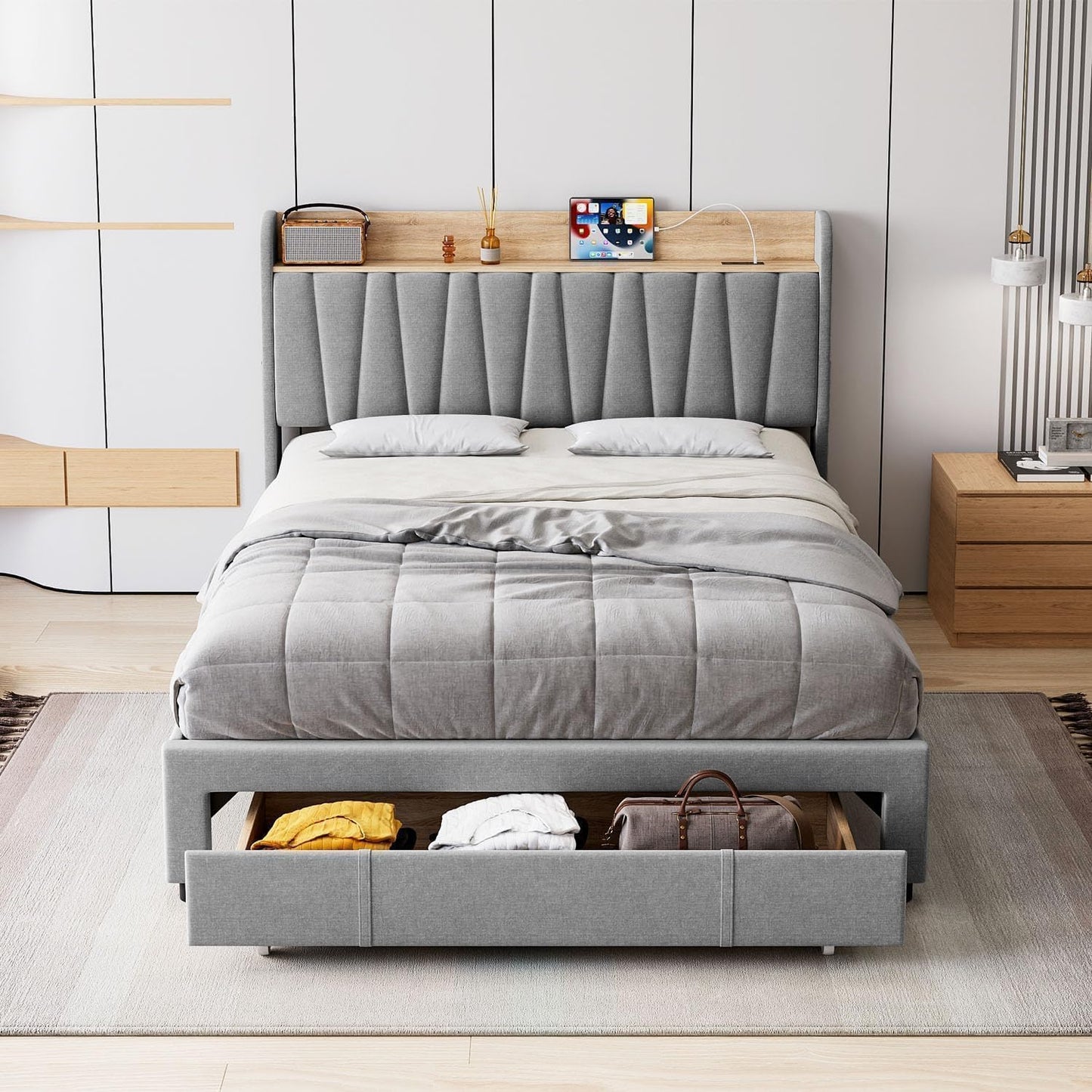 Queen Size Bed Frame with Headboard, Wooden Full Bed Frame with Storage Headboard and Charging Station, Metal Platform BedFrame with Large Drawers, No Box Spring Needed, Easy Assembly, Grey