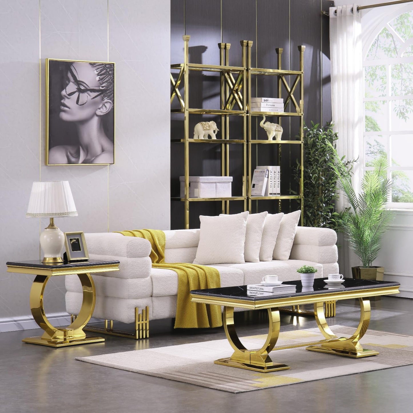 ACEDÉCOR Gold Coffee Table for Living Room, 48 inch Rectangular Black and Gold Coffee Table with Polished Stainless Steel U Base