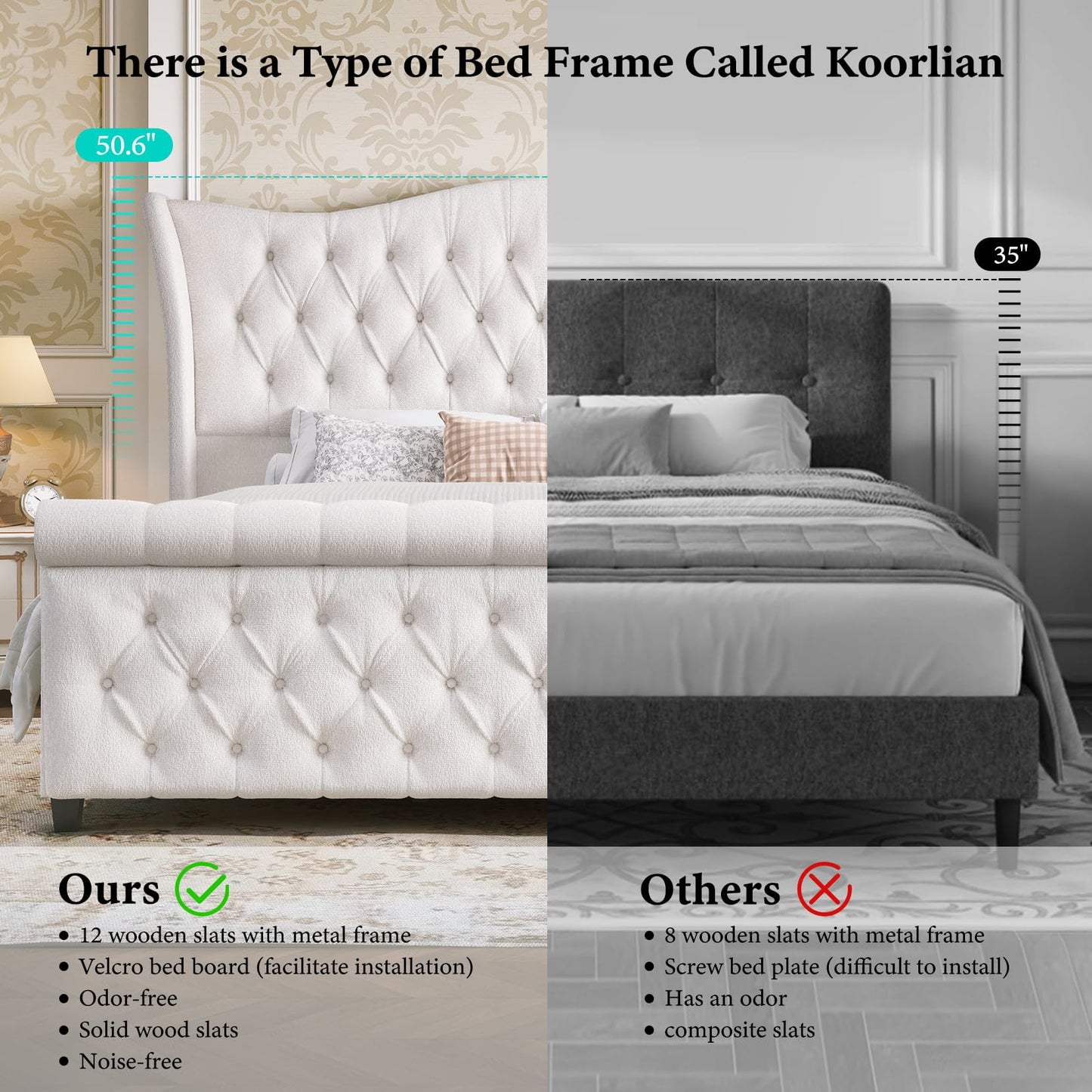 Queen Size Bed Frame Chenille Upholstered Platform Sleigh Bed with 51" Scroll Wingback Tall Headboard & Footboard/Deep Button Tufted/Easily Assemble/Wood Slats Support/No Box Spring Required/Cream