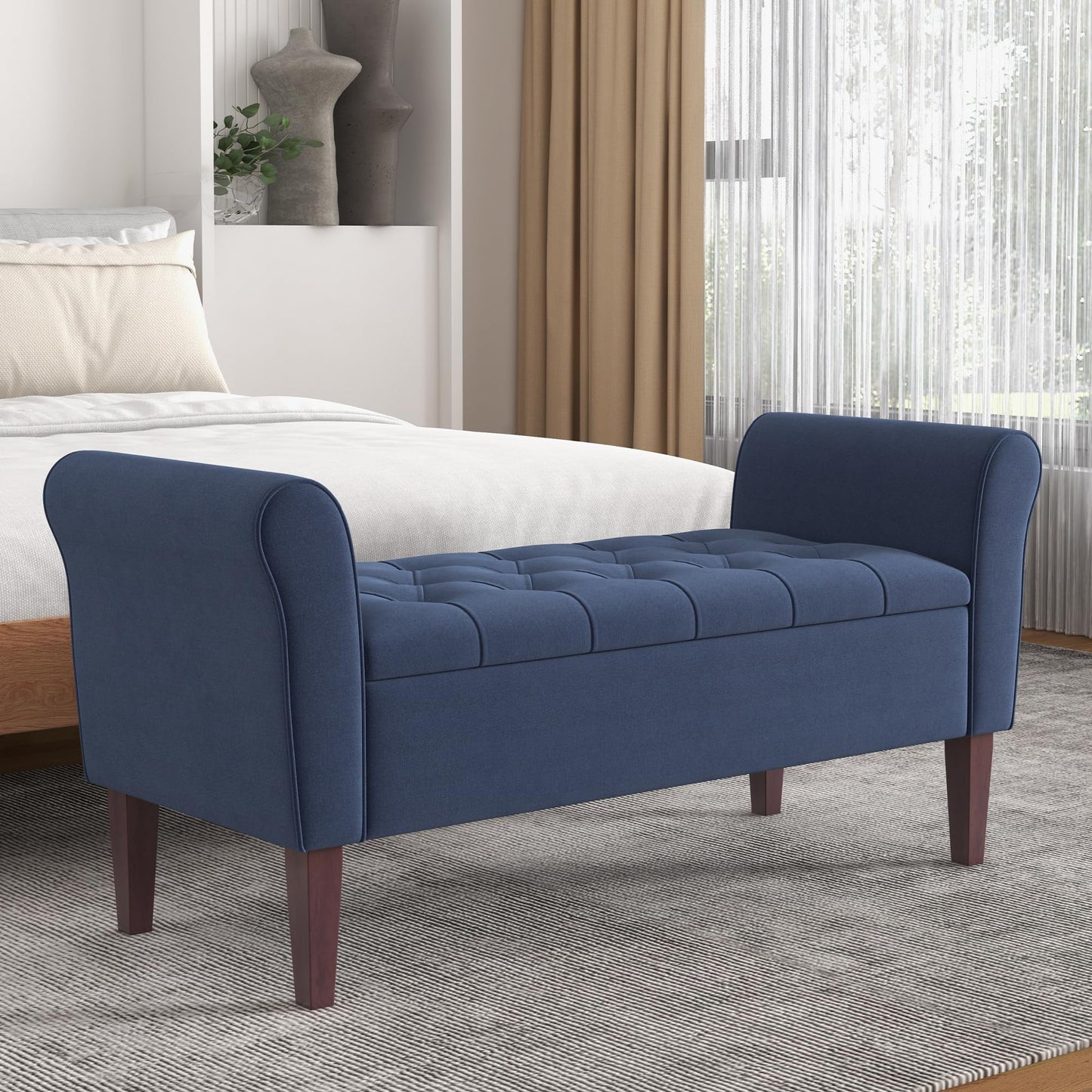 HUIMO 48" Arm Storage Ottoman with 7.5-inch Solid Wood Legs, Storage Bench, Upholstered Window Sitting Bench for Bedroom,End of Bed Bench Indoor, Livingroom, Entryway (Dark Blue)