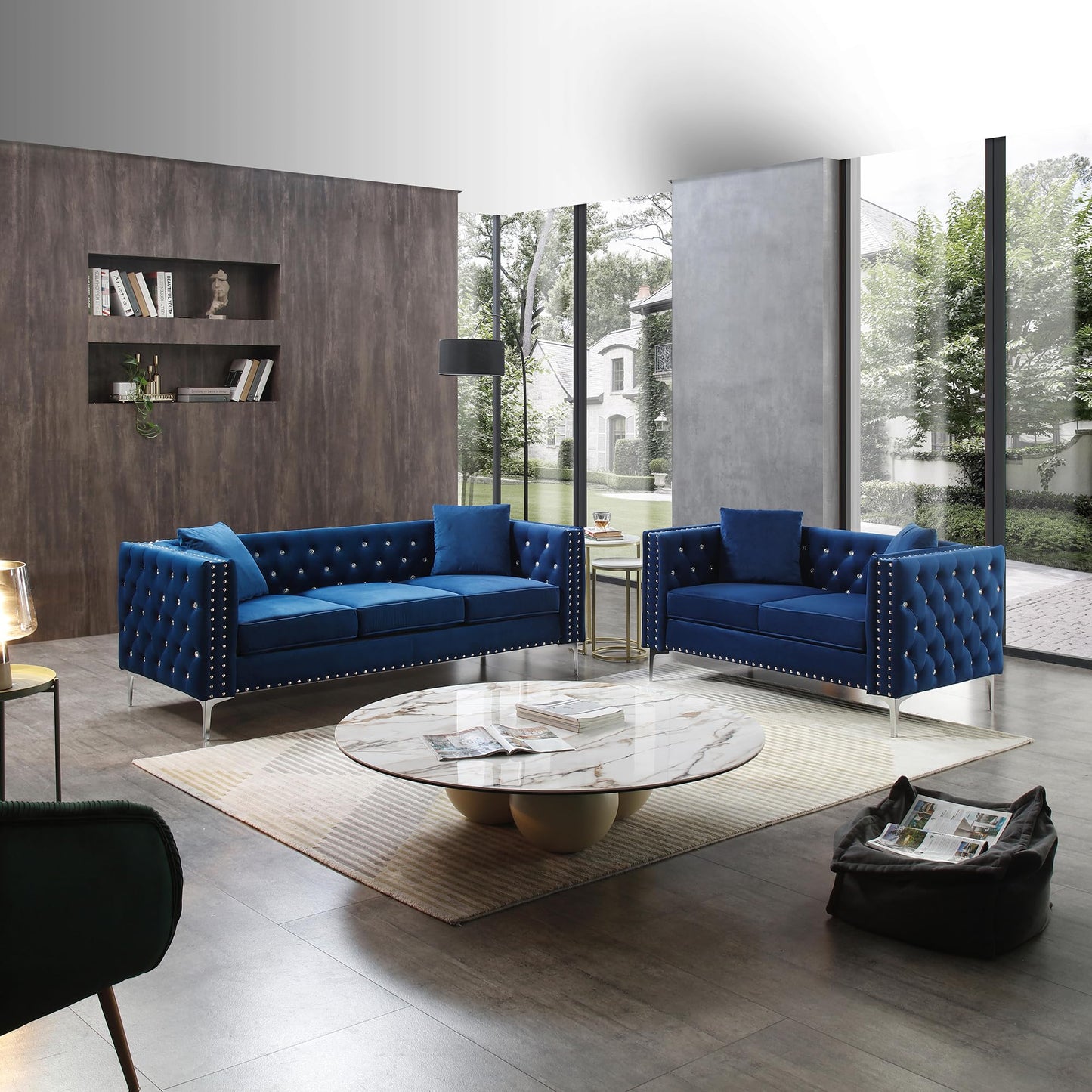 Fulocseny Luxury Velvet Sofa for Living Room 82", Jeweled Buttons Tufted Square Arm Couch, Modern Upholstered Couch Classic Chesterfield Sofa with 2 Pillows & Metal Legs (Blue, 3-Seater)