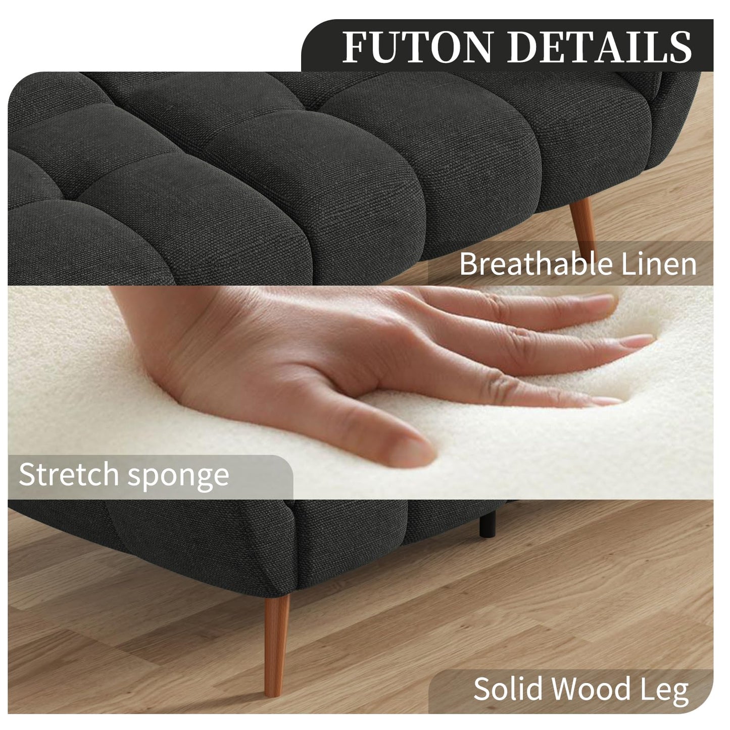 saows Futon Sofa Bed, Convertible 77" Modern Linen Futon Couch, Comfy Sleeper Sofa with Adjustable Backrests, Couch Bed for Small Spaces, Living Room, Bedroom, Apartment, Dark Gray