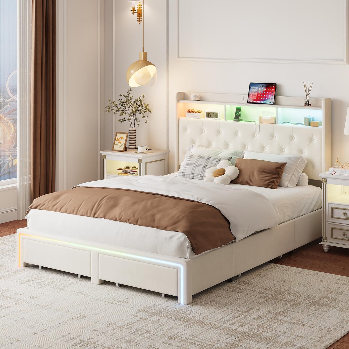 VINTLJUS King LED Bed Frame with Storage Headboard & Charging Station, Velvet Fabric Platform Bed Frames with 4 Drawers, Button Tufted Upholstered, No Box Spring Needed, Beige