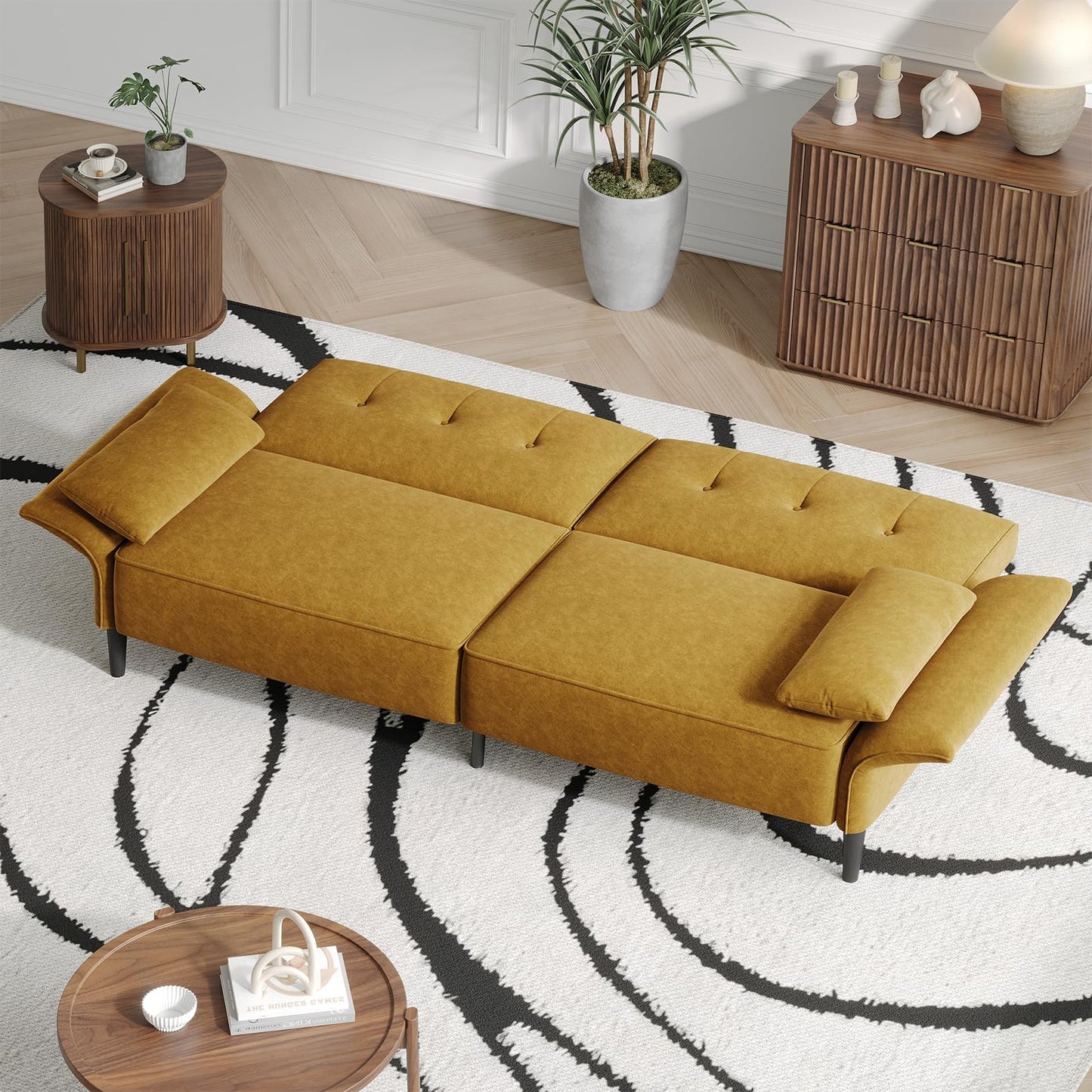 COPIAE 89” Futon Sofa Bed,Comfy Futon Couch Bed with 2 Square Pillows, Convertible Sleeper Sofa with Adjustable Backrest& Armrests, Modern Loveseat Sleeper for Living Room, Bedroom, Yellow