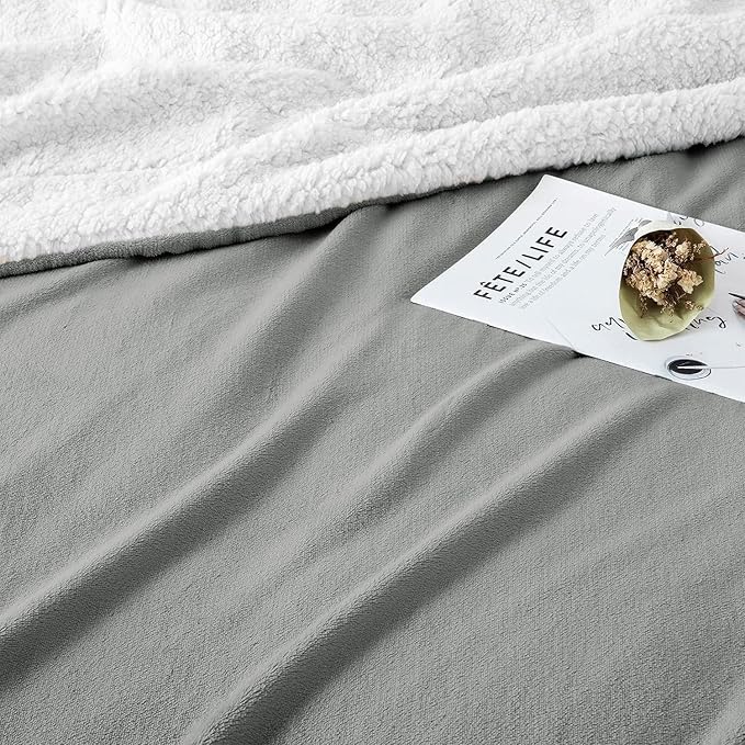 IR Imperial Rooms Sherpa Fleece Throw Blanket Twin Size for Couch - Thick and Warm Fluffy Blankets for Winter, Soft and Fuzzy Twin Blanket for Bed and Sofa, Light Grey, 60x80 Inches