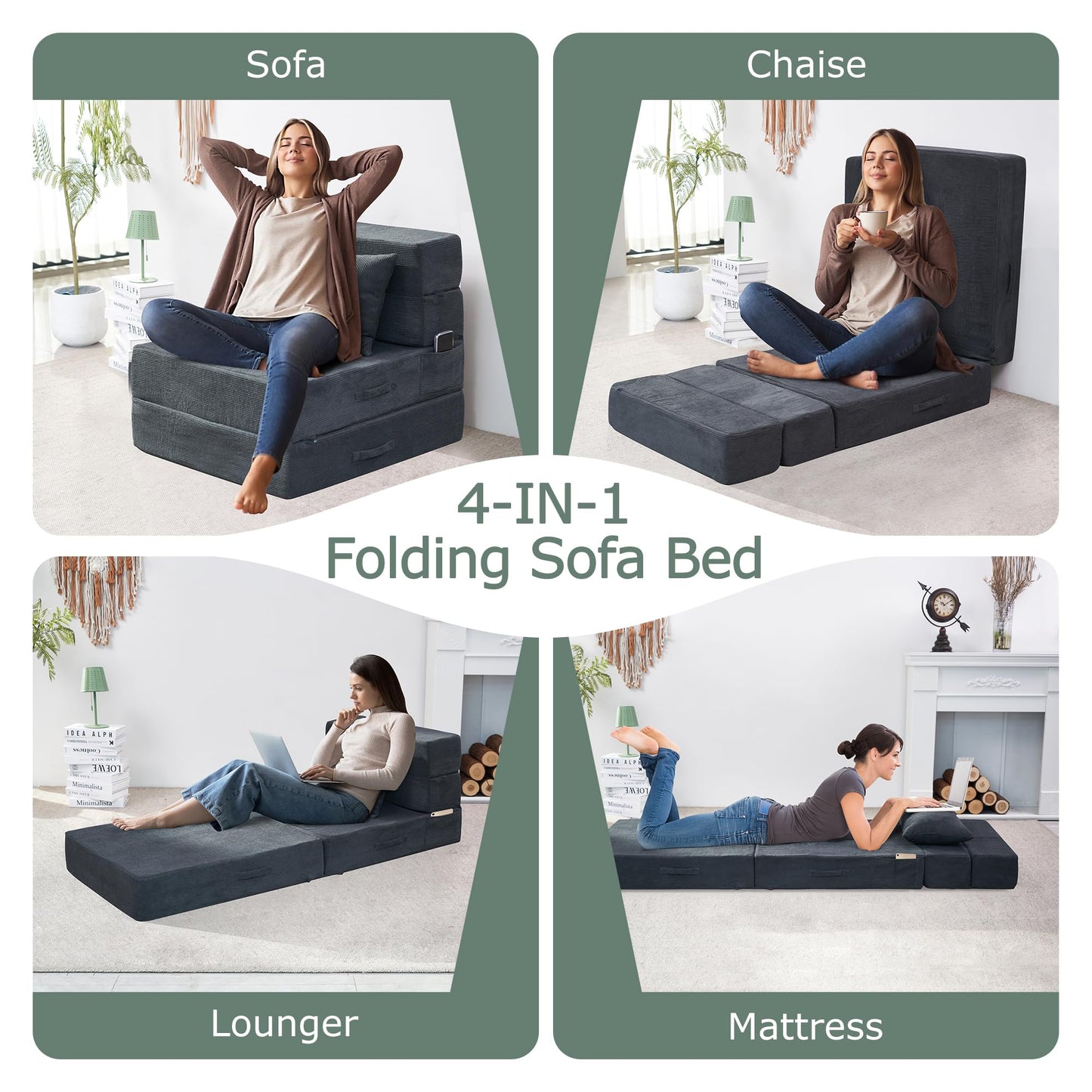 HILERO Folding Sofa Bed, 4 in 1 Convertible Sleeper Chair with Pillow, Single Memory Foam Fold Out Chair Bed, Modern Floor Futon Sofa Couch Mattress for Living Room/Guest/Apartment, Dark Grey