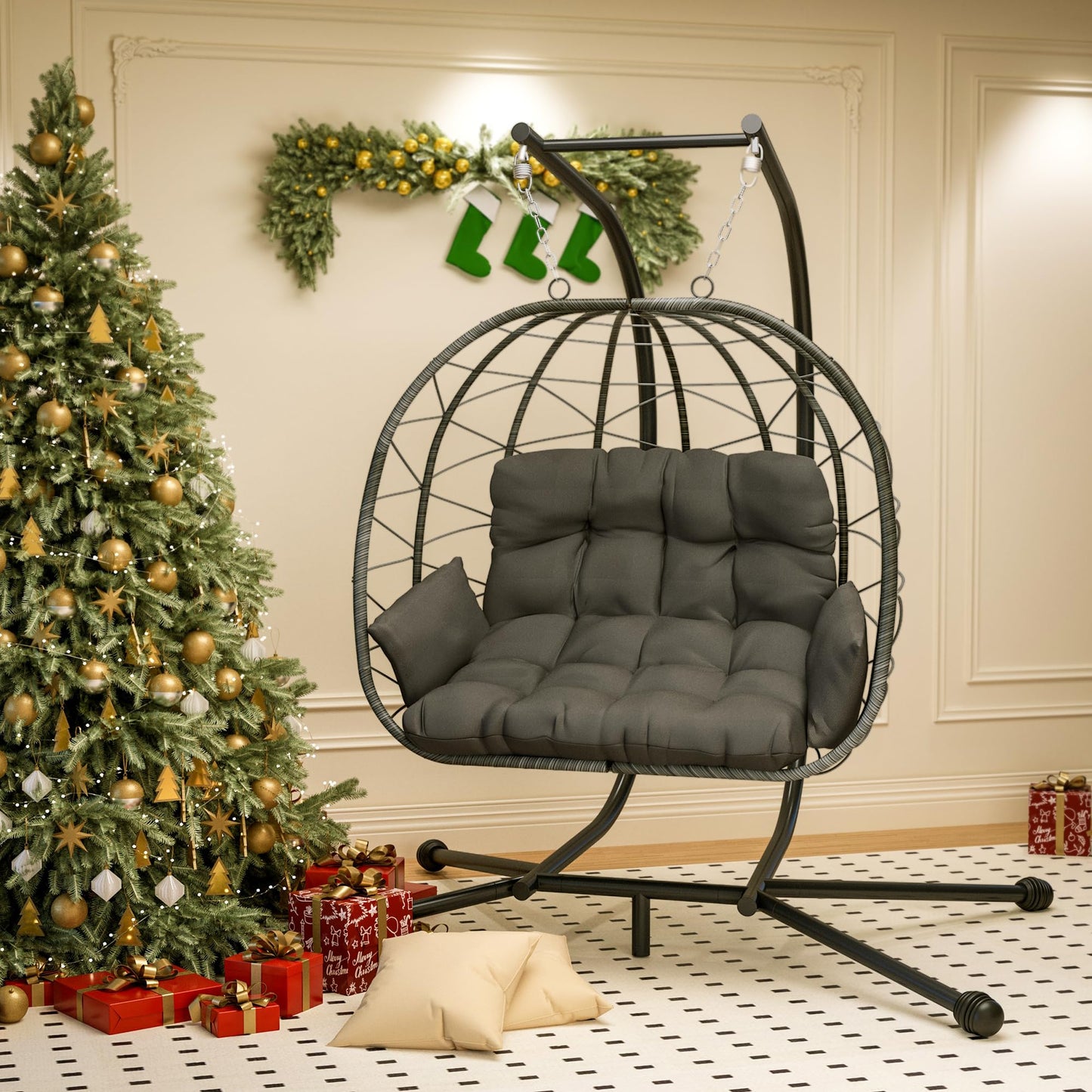 Pamapic Double Egg Chair wth Stand, 700 LBS Loveseat Rattan Swing Chair, UV Resistant Cushions with Armrests and Headrest, Thick Steel Frame Hammock Swing for Outdoor, Patio, Indoor(Grey)