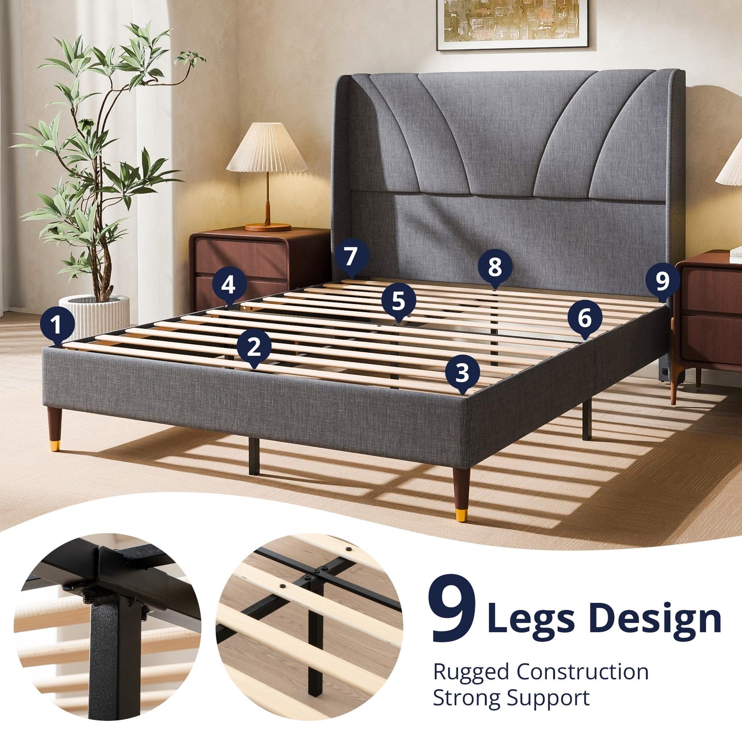 Cozy Castle Queen Bed Frame with 51.2" Tall Curved Wingback Headboard, Linen Upholstered Platform Bed, Soft Fabric/Noise-Free/Wooden Slats Support/No Box Spring Needed/Easy Assembly, Gray