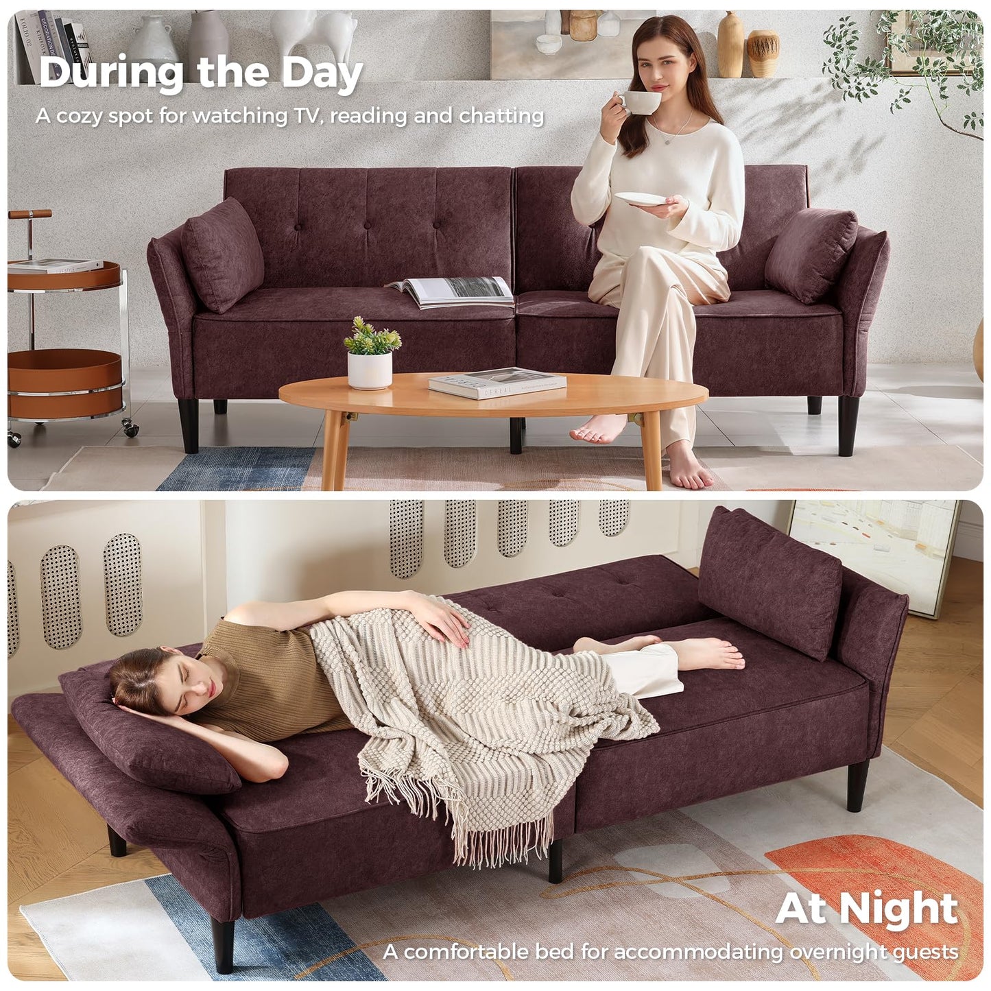 COPIAE 89” Futon Sofa Bed, Velvet Fabric Comfy Futon Couch Bed with 2 Square Pillows, Convertible Sleeper Sofa with Adjustable Backrest& Armrests, Modern Loveseat Sleeper for Living Room, Burgundy