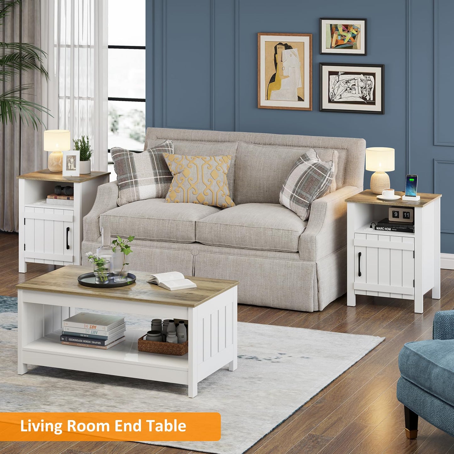 RRX Large Nightstand, End Table with Charging Station, 15.7''Lx17.7''Wx23.6''H Farmhouse Bedside Table with Barn Door and Storage Shelf, Wooden Sofa Side Table (2, White)