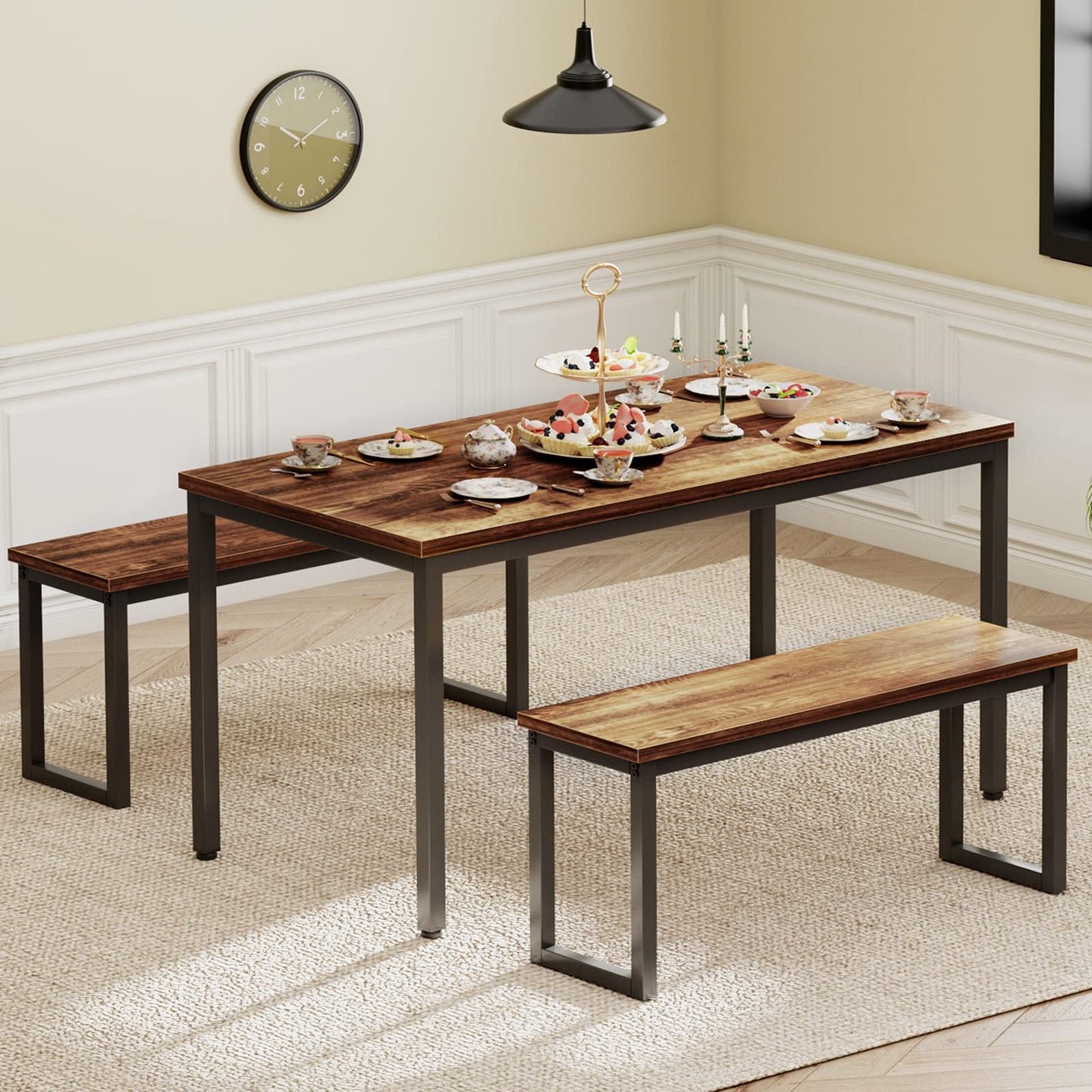 soges Kitchen Table Set with 2 Benches, Bench Dining Table Set for 4, 3 Piece Dining Room Table and Long Benches, Breakfast Table Coffee Table Set, Industrial Style Wooden Kitchen and Dining Room Set
