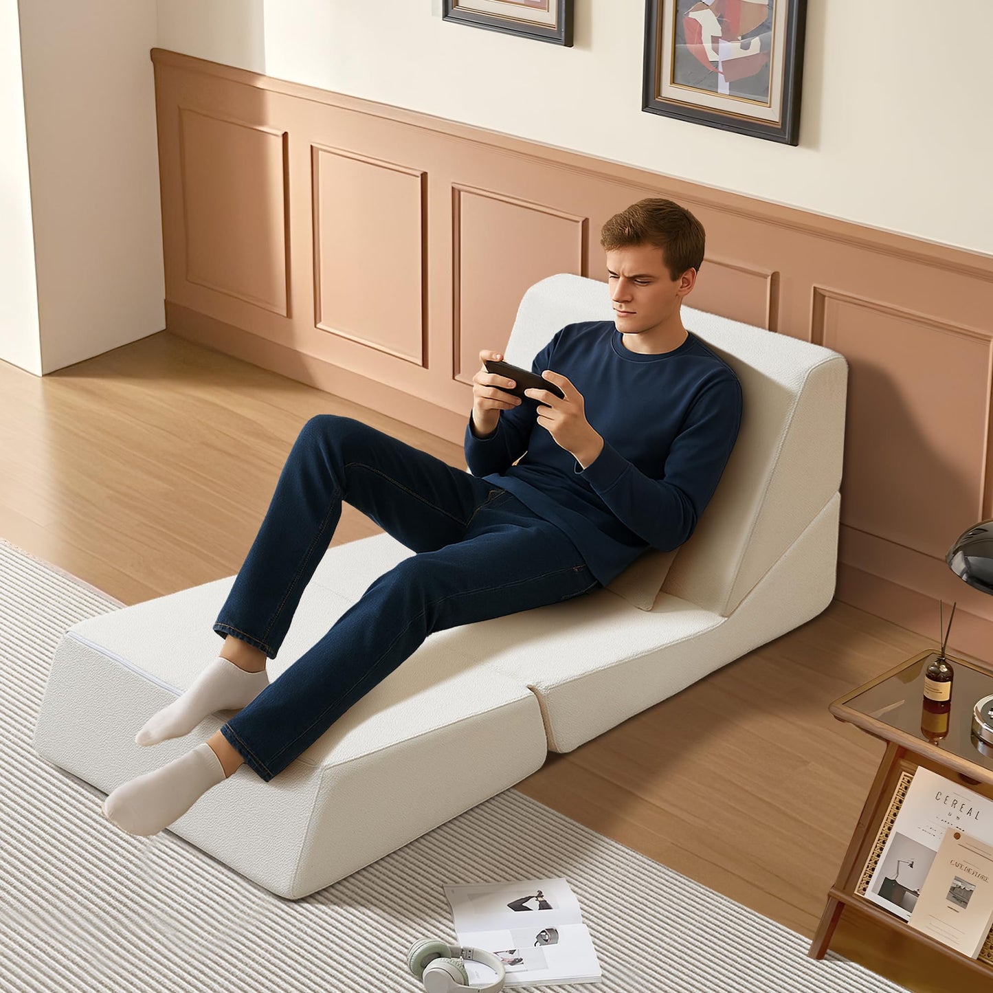 BAMOOLI Sleeper Sofa Bed, Convertible Fold Out Couch, Comfy Alpaca Wool Fabric Portable Foldable Floor Mattress Sleeper Chair with Pillow, Foldable Floor Sofa Lounge for Living Room, Bedroom, Beige