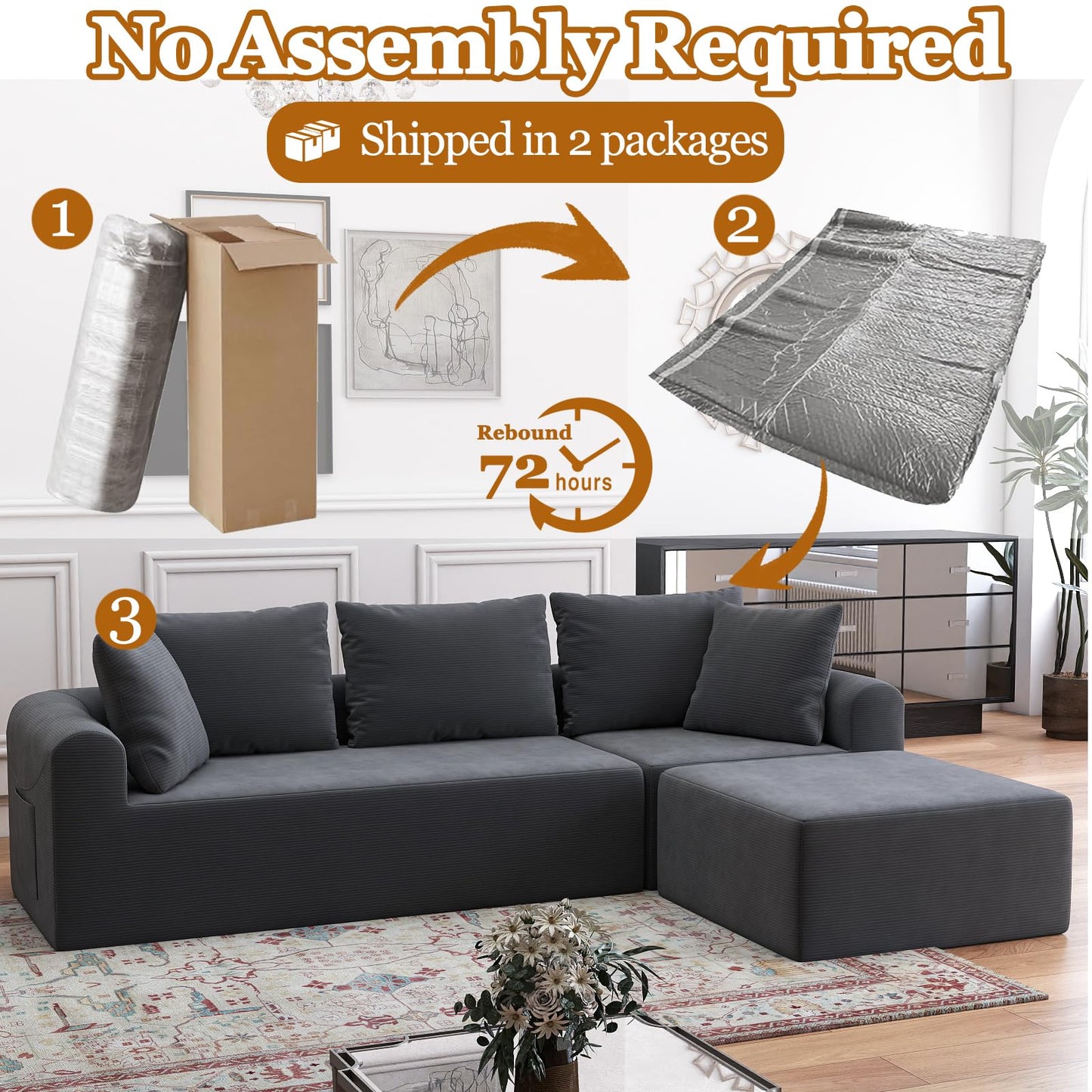 Cloud Sectional Couch with Ottoman, Modern L-Shaped Modular Sectional Sofa with Chaise Corduroy Boneless Couches for Living Room Bedroom Apartments, Stain-Resistant Fabric & Free Assembly, Grey
