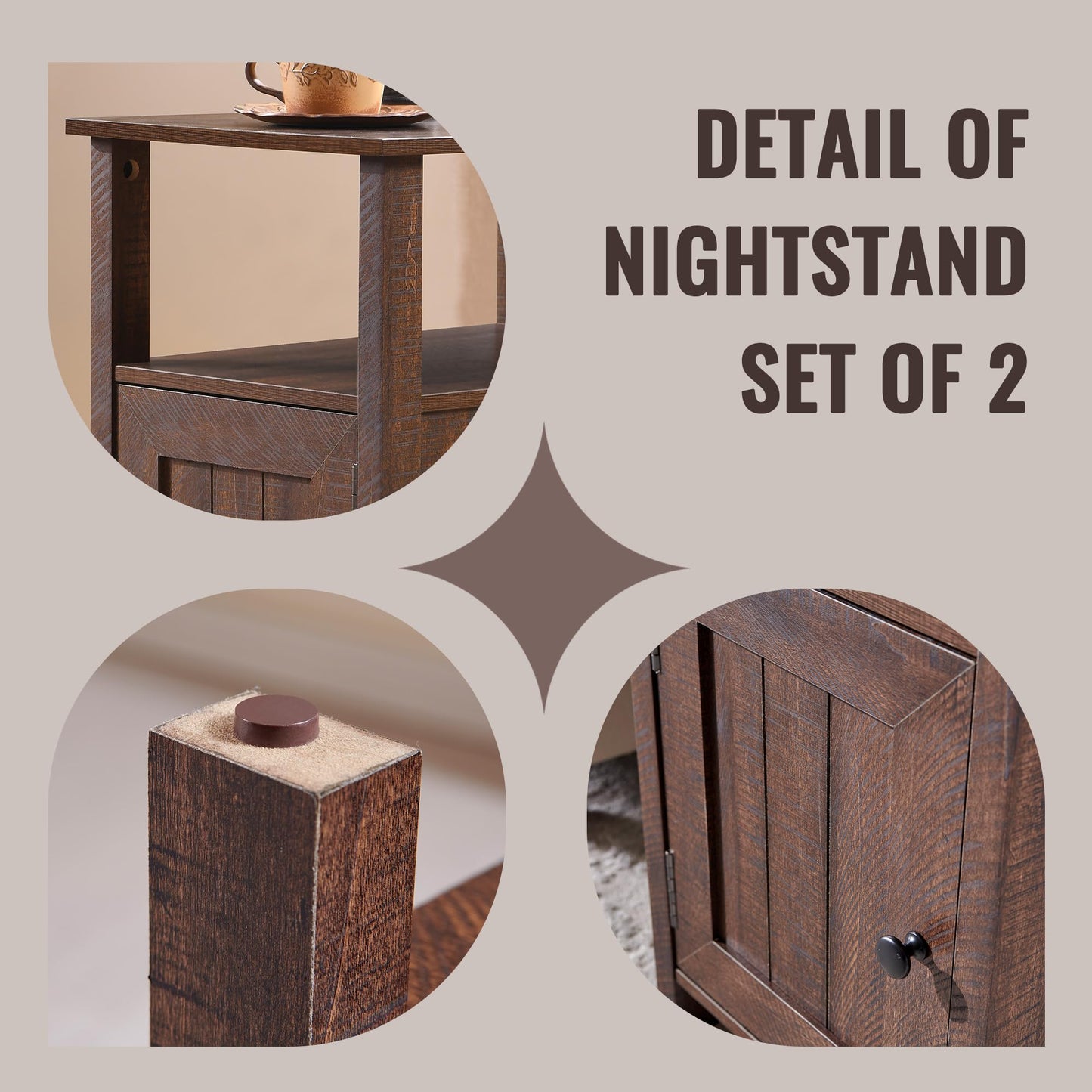 IFBUY Farmhouse Nightstands Set of 2, Narrow Bedside Table with Charging Station, Night Stand Set 2 with Storage & Open Shelf, End Tables w/Groove Barn Door for Bedroom, Living Room, Brown