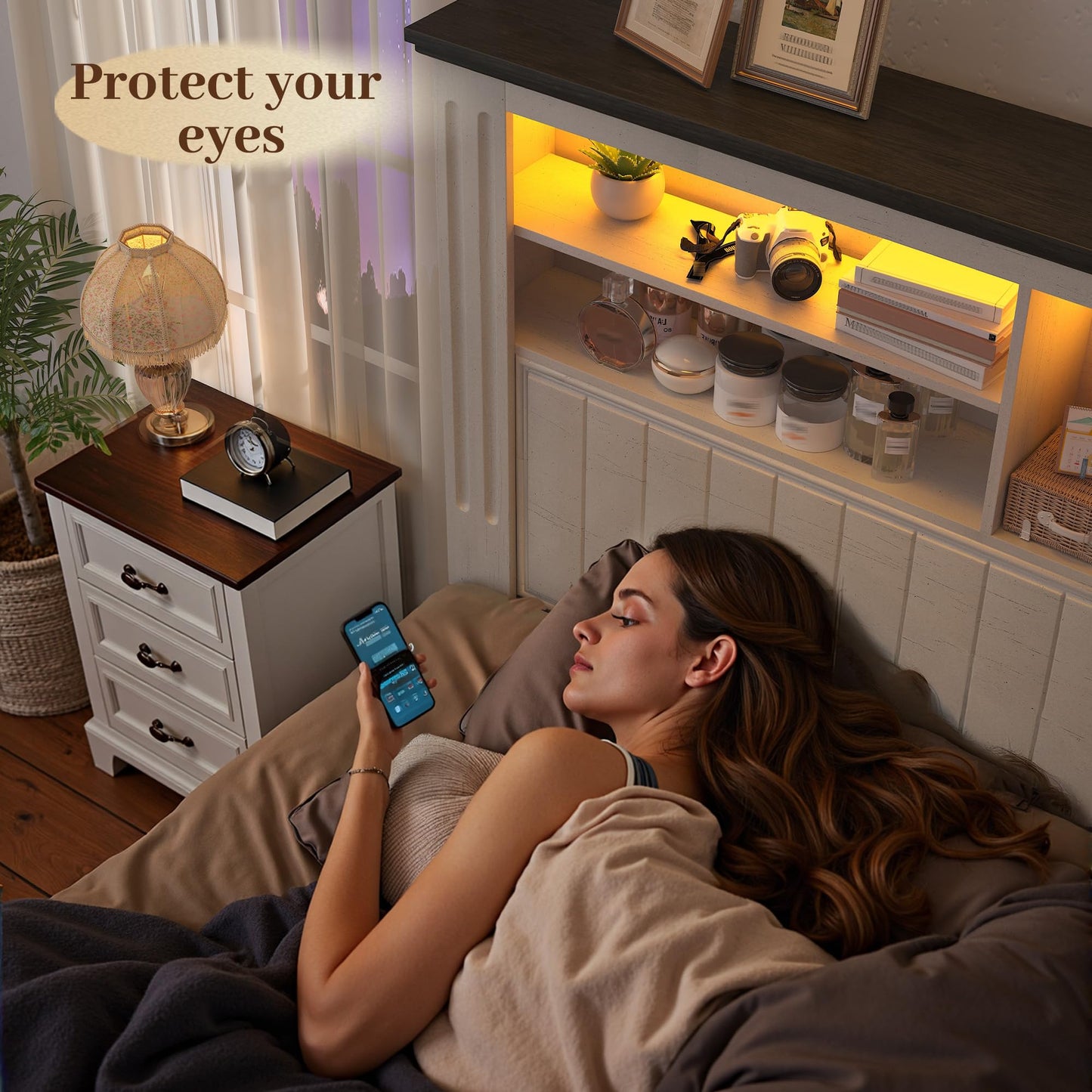 EnHomee Queen Bed Frame with Headboard, Bed Frame Queen Size with 4 Drawers Charging Port & LED, Farmhouse Queen Bed Built in Charging Station,No Box Spring Needed,NO Noise,White with Grain Marks