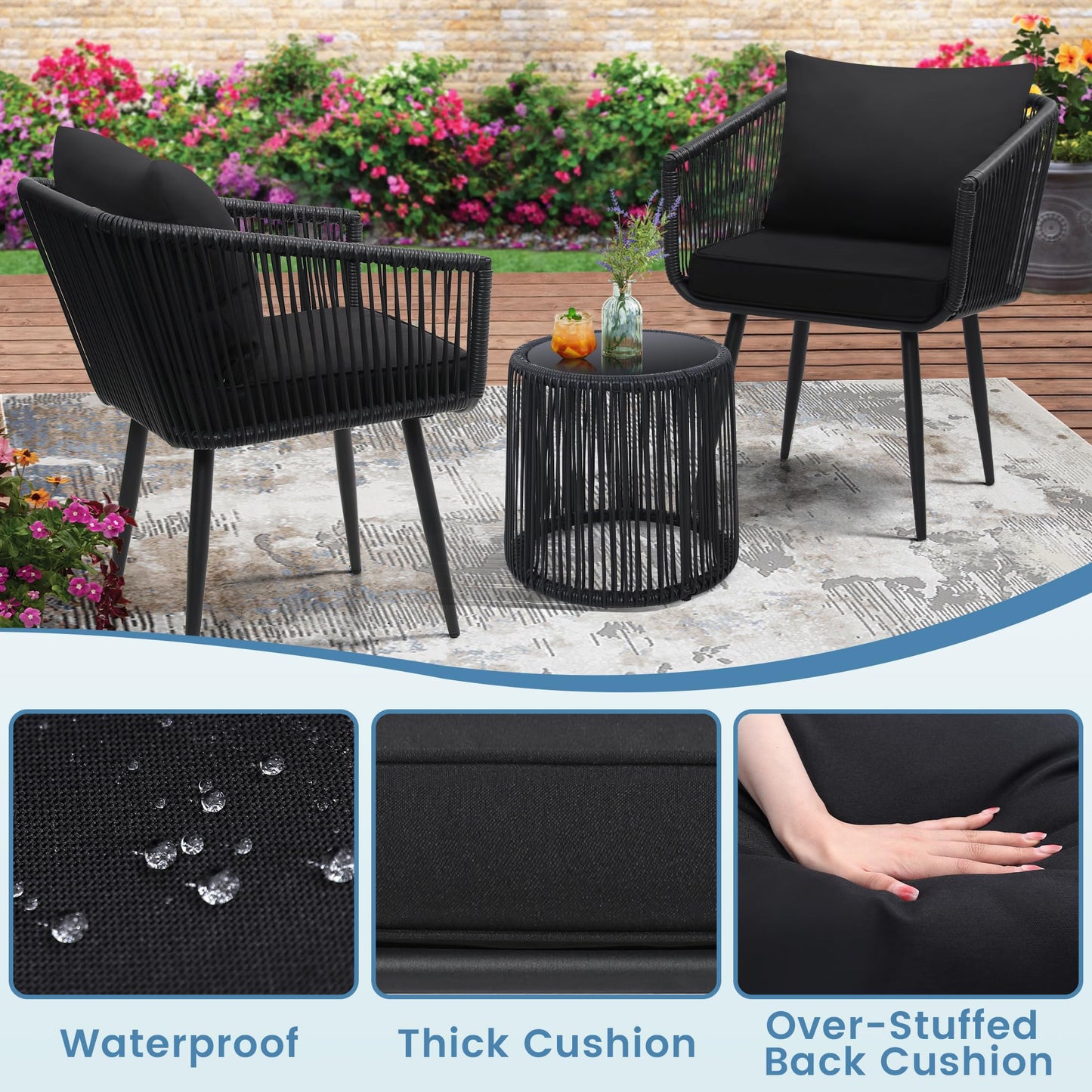 Kromax 3 Pieces Patio Rattan Bistro Conversation Set, Outdoor All-Weather Wicker Furniture Chairs and Side Table Set Ideal for Balcony, Porch and Backyard, Black