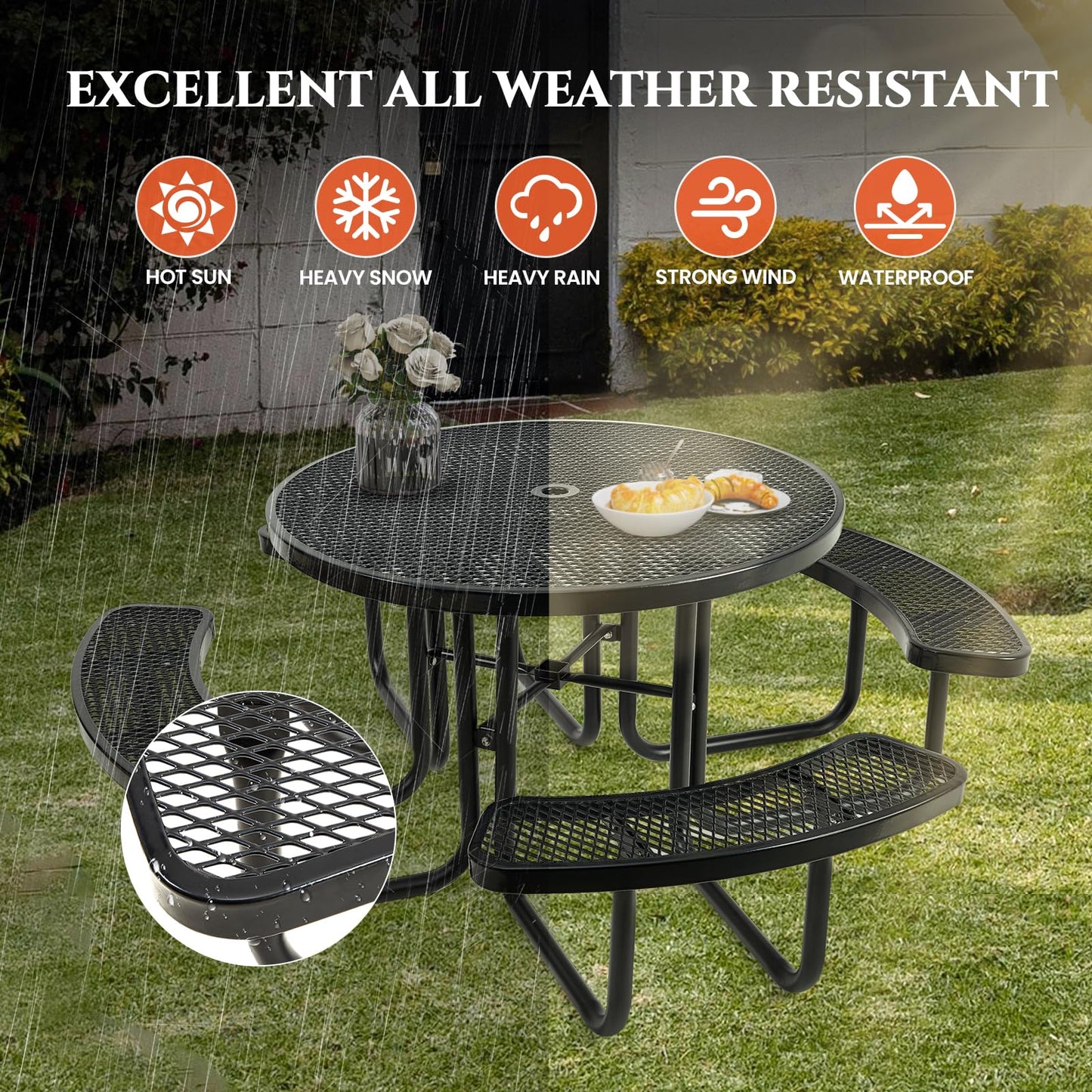 Jinrrenyi 46IN Circle Metal Picnic Table Set with Umbrella Hole and Benches for Outdoor, Expanded Heavy Duty Metal Commercial Grade Patio Dining Furniture for Yard Patio Lawn Party Coffee, Black