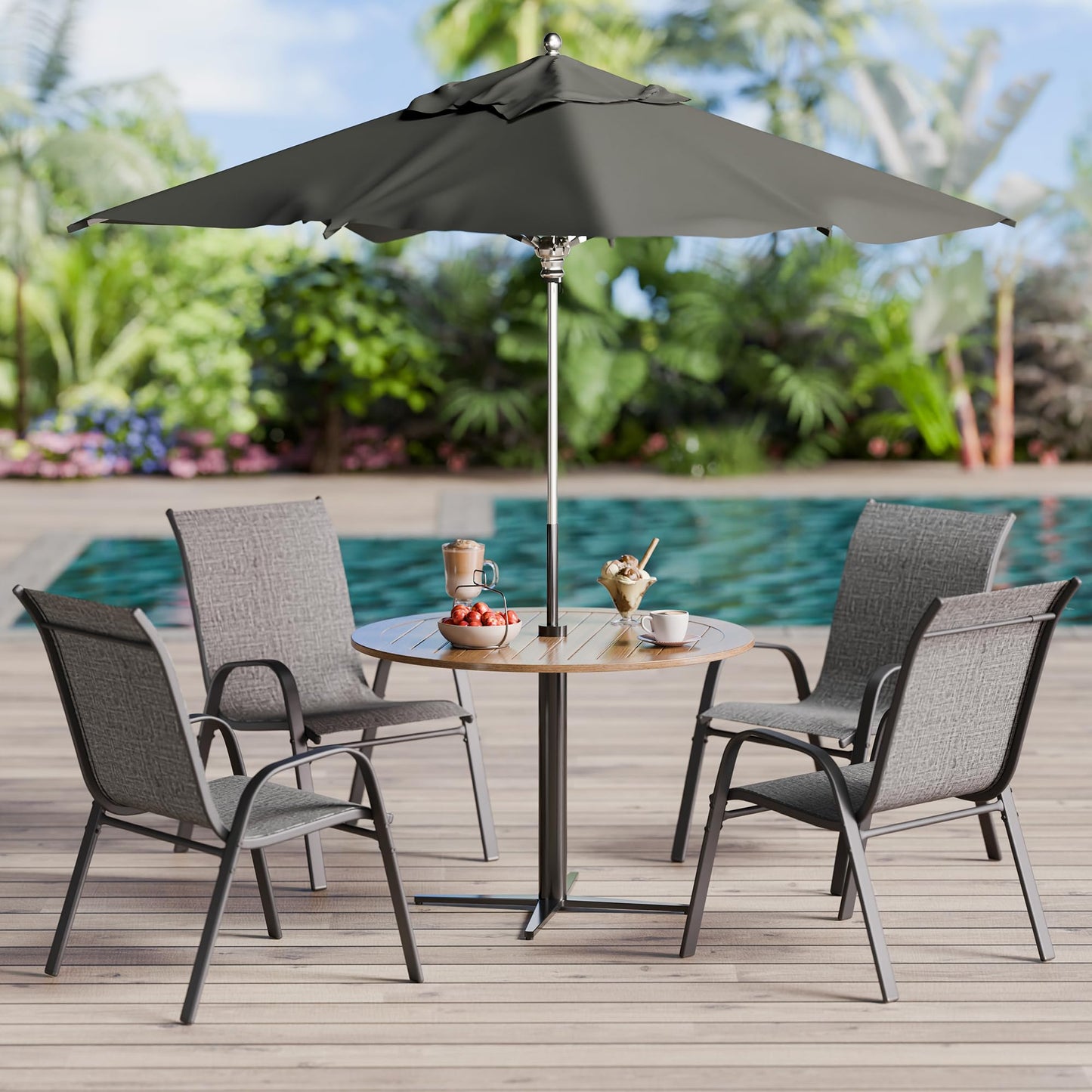 Betterhood Patio Chairs Set of 4, Stackable Outdoor Dining Chairs Set with Breathable Seat Fabric, All-Weather Powder-Coated Metal Frame for Deck, Pool Side and Backyard, 350LBS Capacity (Grey)
