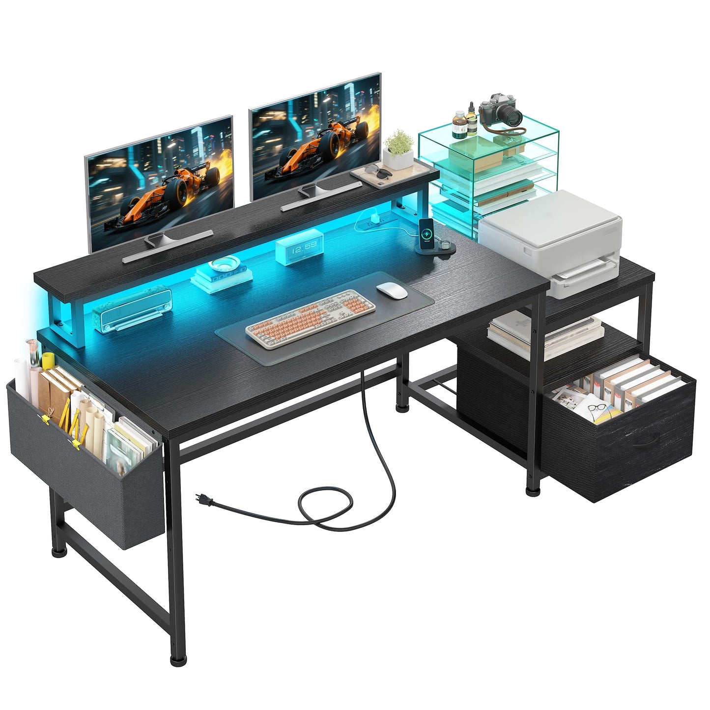 Gaming Desk with Power Outlets and LED Lights,57" Computer Desk with Drawers and Printer Space,Office Desk with File Drawers Cabinet,Gaming Table with Shelves Monitor Stand,Living Room,Bedroom,Black