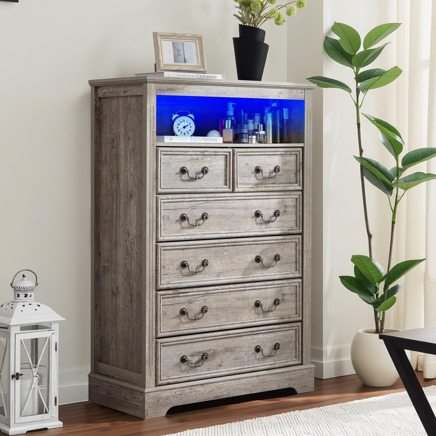 Homkdom Dresser for Bedroom with Charging Station & LED Light,Tall Dresser & Chests of Drawers with 6 Drawers,Vintage Gray