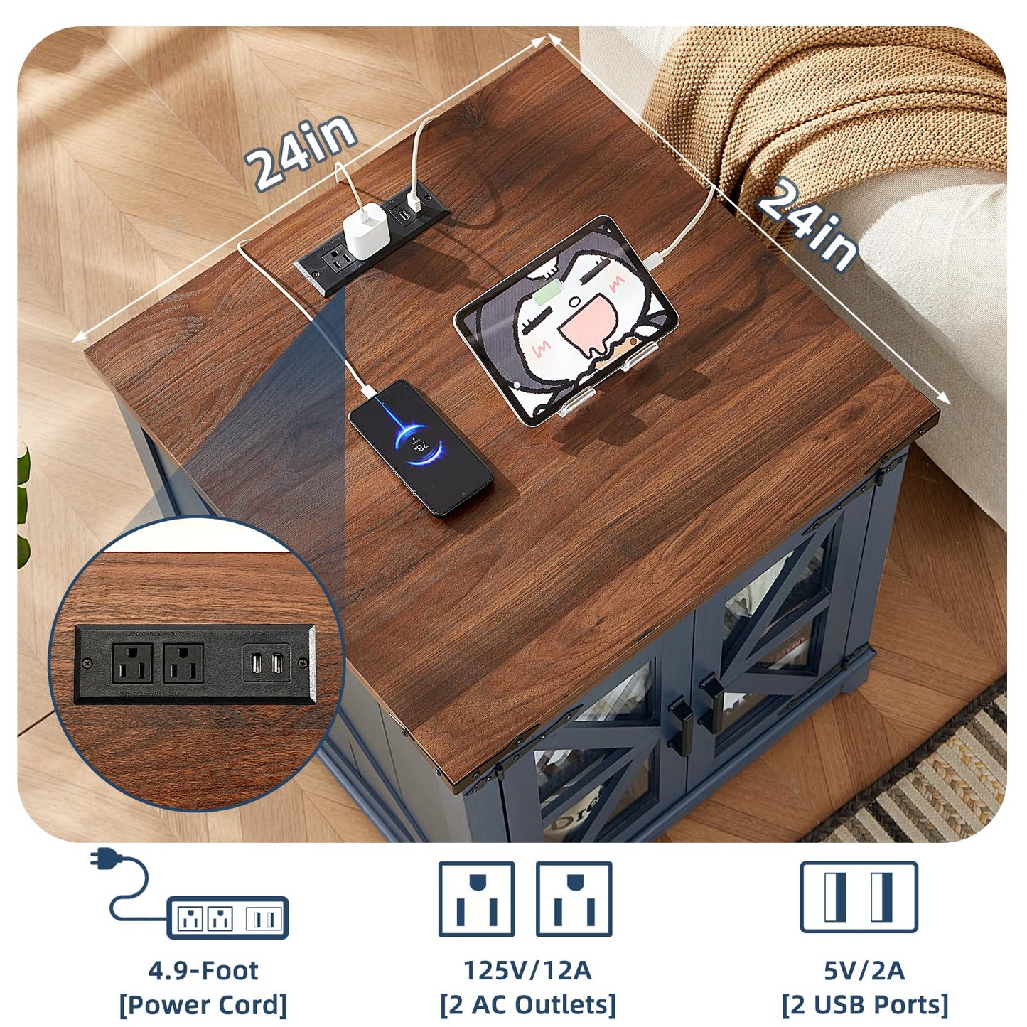 Joaxswe Farmhouse End Table with Charging Station, 24" Large Sofa Side Table with Glass Barn Door, Blue Nightstand with Adjustable Storage Shelf,Wood Square Bedside Table for Living Room,Bedroom