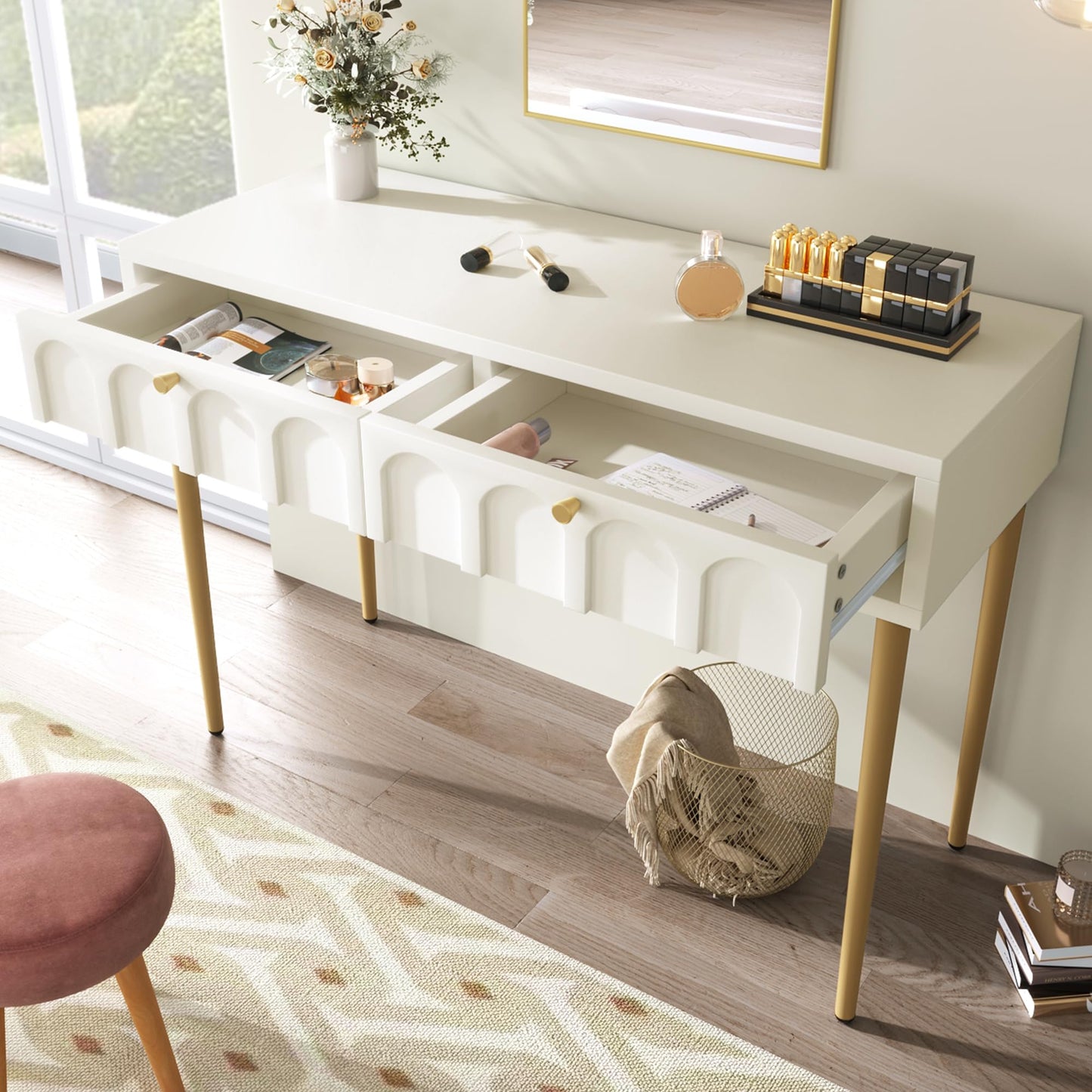 MATONELL Modern Style Double Drawer Dressing Table - Combining Wood & Metal Legs - Spacious Storage, Durable - Suitable for Bedroom, Living & Office - Multi-Purpose Use