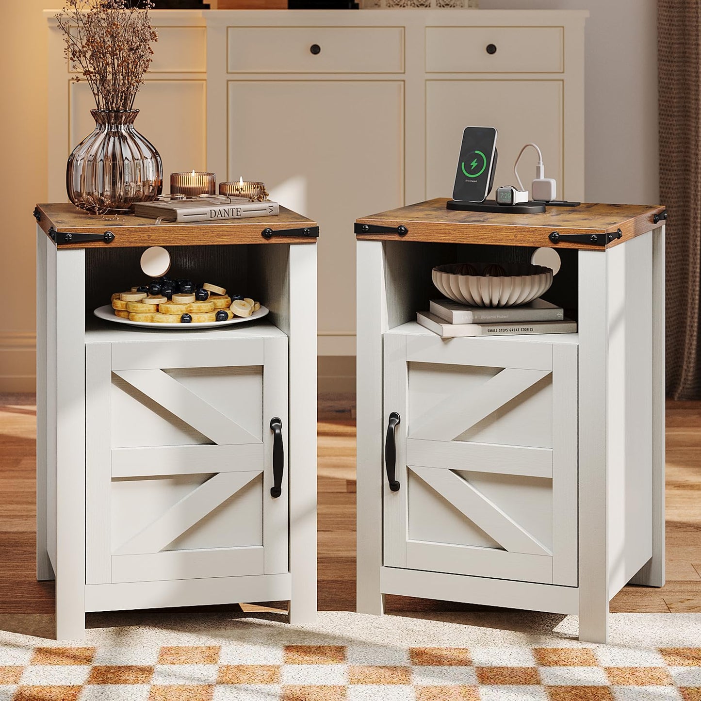 oneinmil End Table with Charging Station, Farmhouse Nightstand with Barn Door, Sofa Side Table with Storage Space 2-Piece Set, Suitable for Livingroom and Bedroom,White