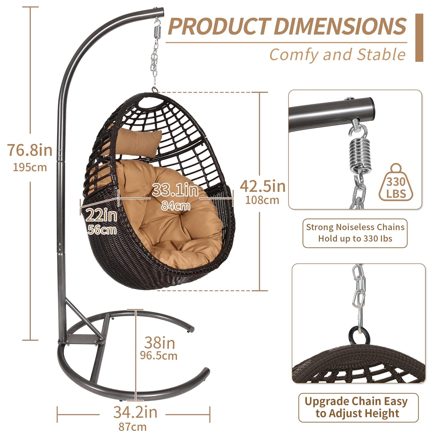 TWT Hanging Egg Chair with Stand, 330lbs Capacity Patio Wicker Egg Swing Chair with UV Resistant Cushion for Bedroom Garden Indoor Outdoor (Dark Brown)