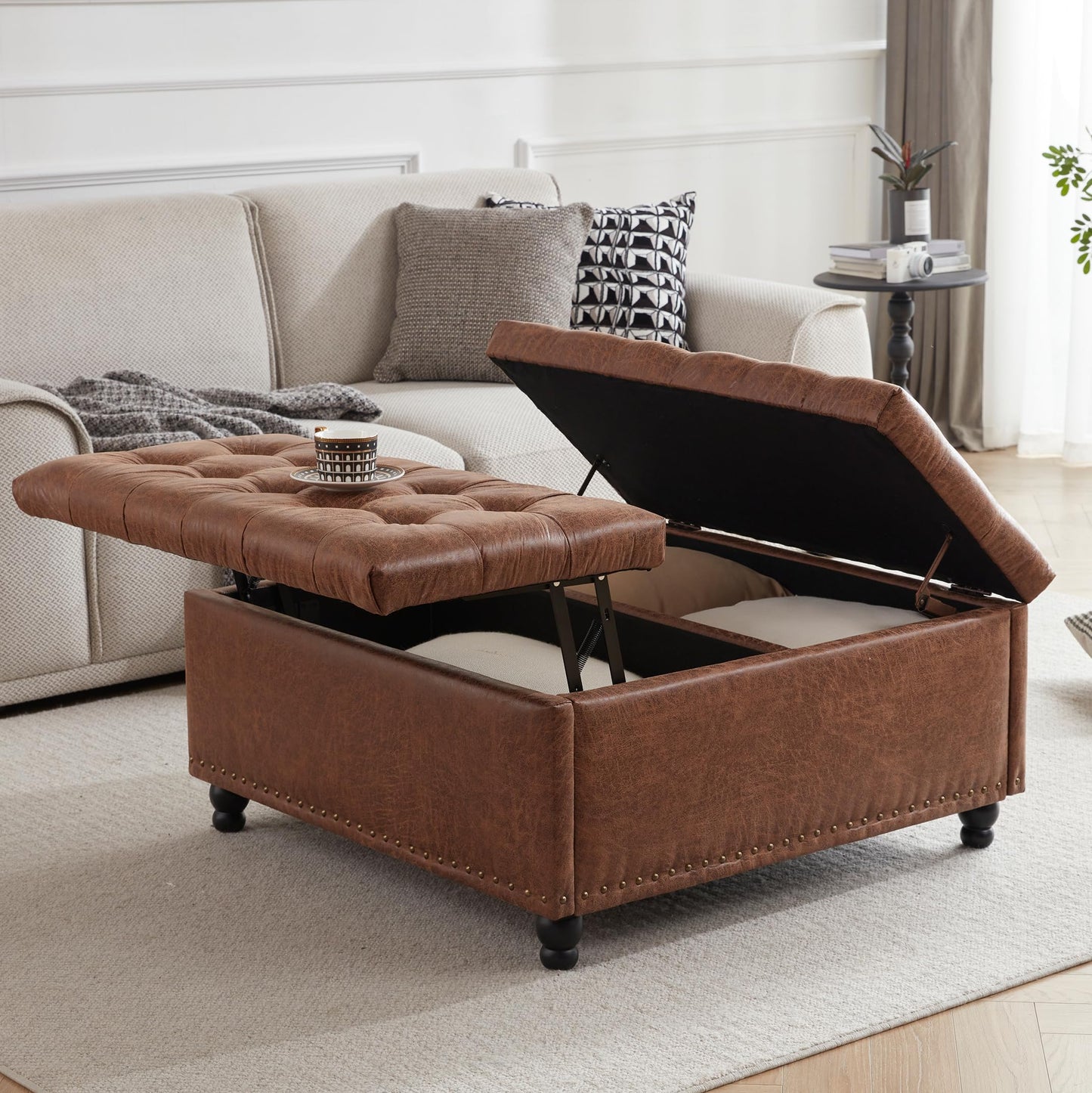 Tbfit Large Square Storage Ottoman Bench, Tufted Upholstered Coffee Table Ottoman with Lift Top & Solid Wood Legs, Oversized Storage Ottomans Toy Box for Living Room (Brown)