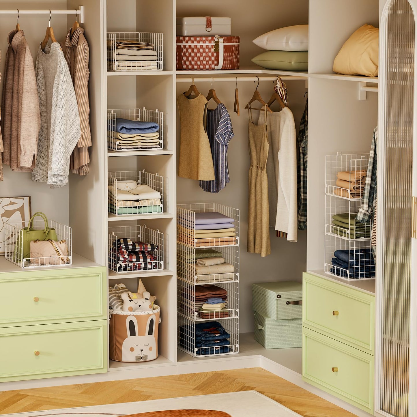 Stackable Closet Organizers and Storage - 4-Tier Stackable Storage Bins, Foldable Closet Shelf Organizer Basket, Clothes Organizers and Storage Shelves for Home Bedroom Closet Organizer System