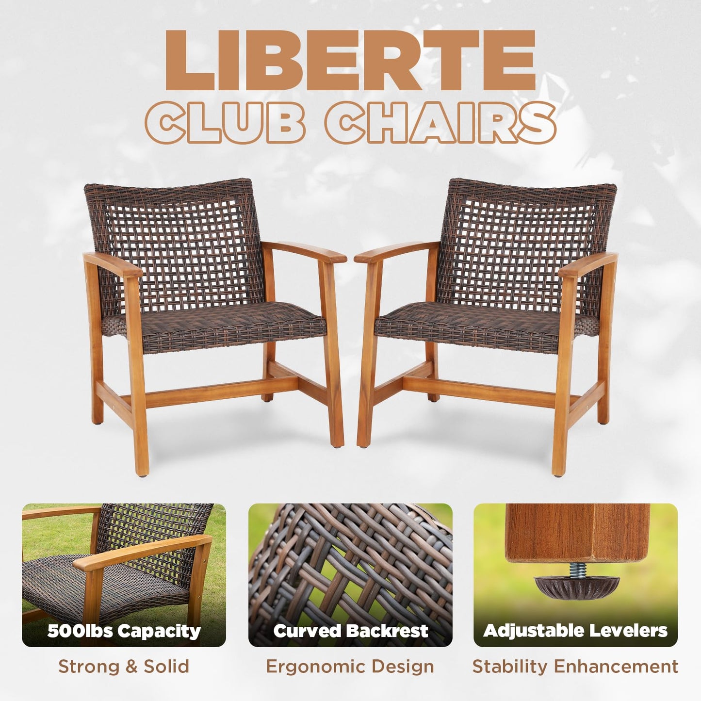 IDZO Liberte 500lbs Capacity Acacia Outdoor Club Chairs Set of 2, FSC Teak Finish Wood Patio Furniture Sets with Upgraded 2000Hours UV Resistant Wicker