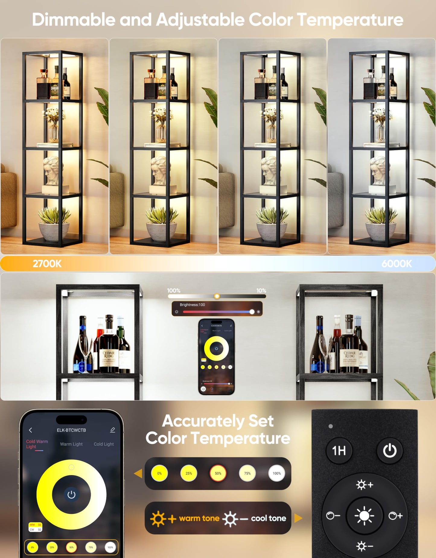 PARTPHONER Large Glass Display Shelf with Remote/APP Control, Dimmable LED Floor Lamp with Shelves, Open Display Cabinet, Color Temperature Control (2700K-6000K), Black