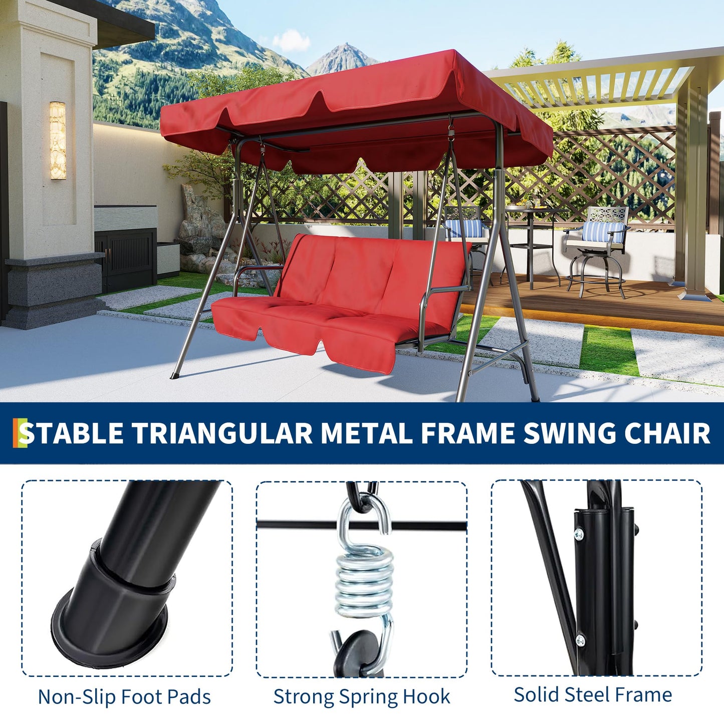 Outdoor Swing Chair with Adjustable Canopy, 3-Person Outdoor Patio SwingChair with Adjustable Tilt Shade, Porch Swing 3 Seater with Canopy
