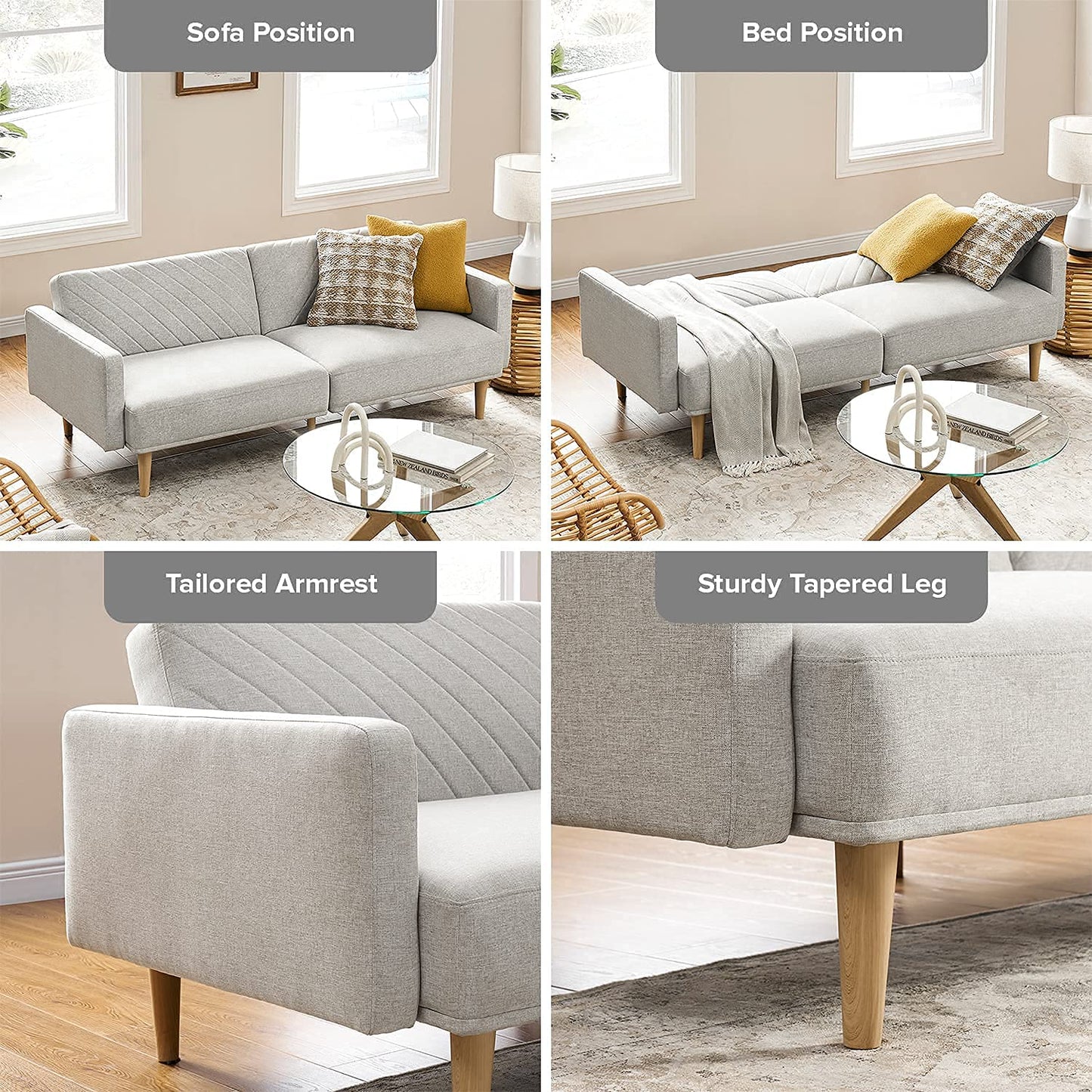 mopio 76.8" Futon Sofa Bed, Small Couch, Sleeper, Loveseat, Mid Century Modern Futon Couch, Sofa Cama, Couches for Living Room (Light Gray Fabric)