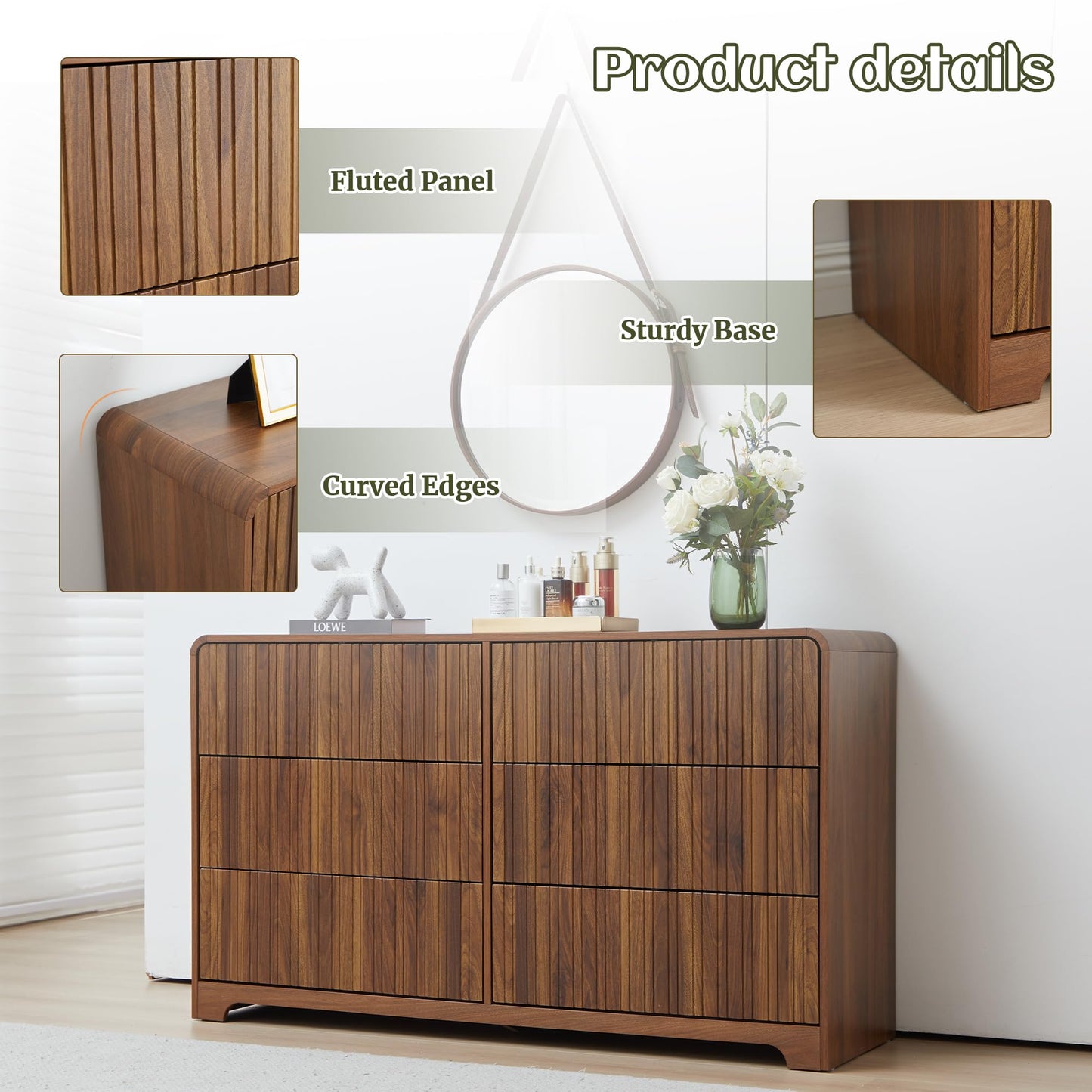 Fluted 6 Drawers Dresser for Bedroom, 53" Wide Mid Century Modern Chest of Drawers with Curved Profile Design, Large Wood Double Dresser for Living Room (Walnut)