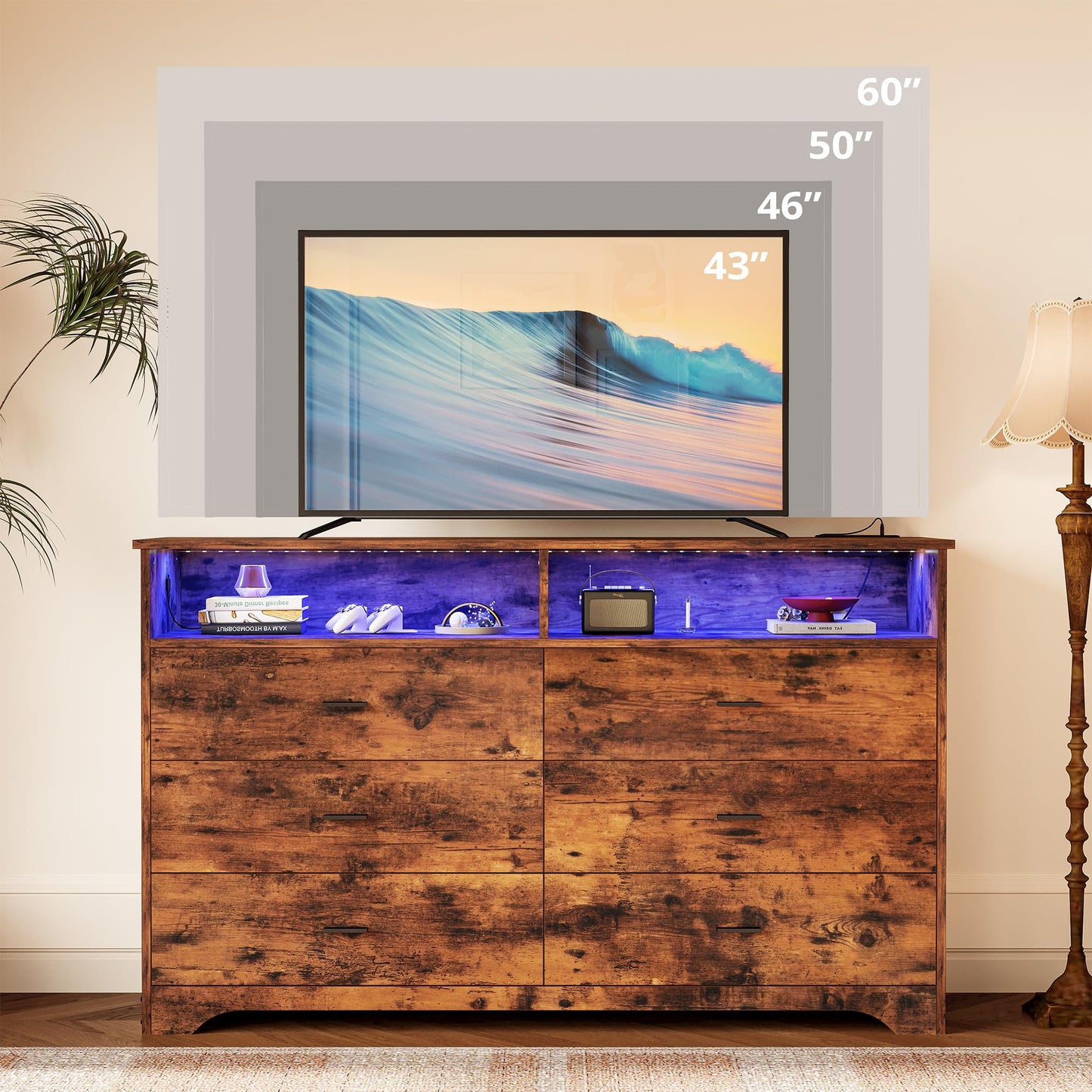 LIKIMIO 6 Drawer 59" Brown Dresser with LED and Power Strip, Dressers & Chests of Drawers with Storage Cabinet for Bedroom
