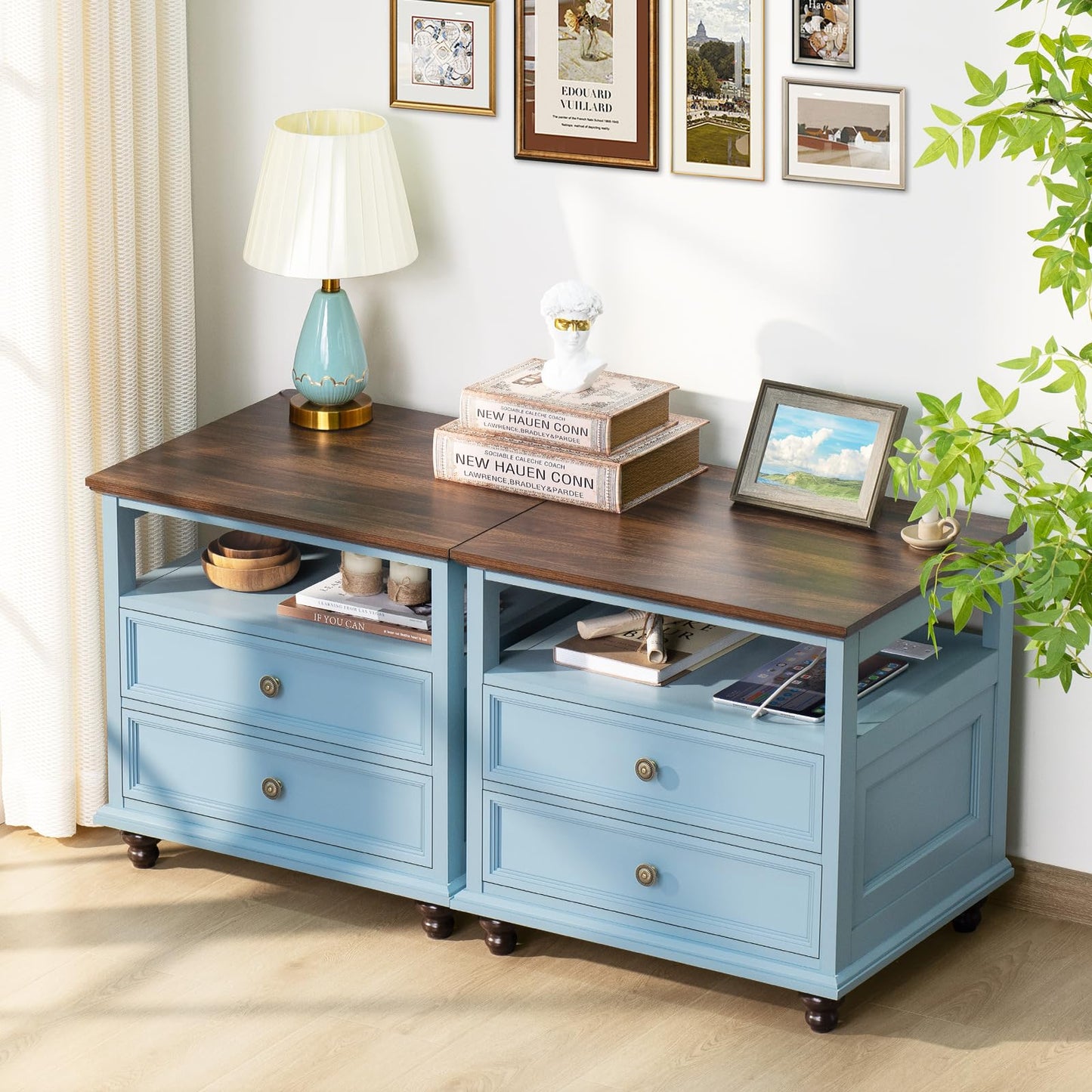 Joaxswe Farmhouse Nightstand with Charging Station, 24" Wide End Table with 2 Drawers, Light Blue Dresser for Bedroom,Wood Bed Side Table Chest of Drawers Cabinet,Night Stand for Living Room,Closet