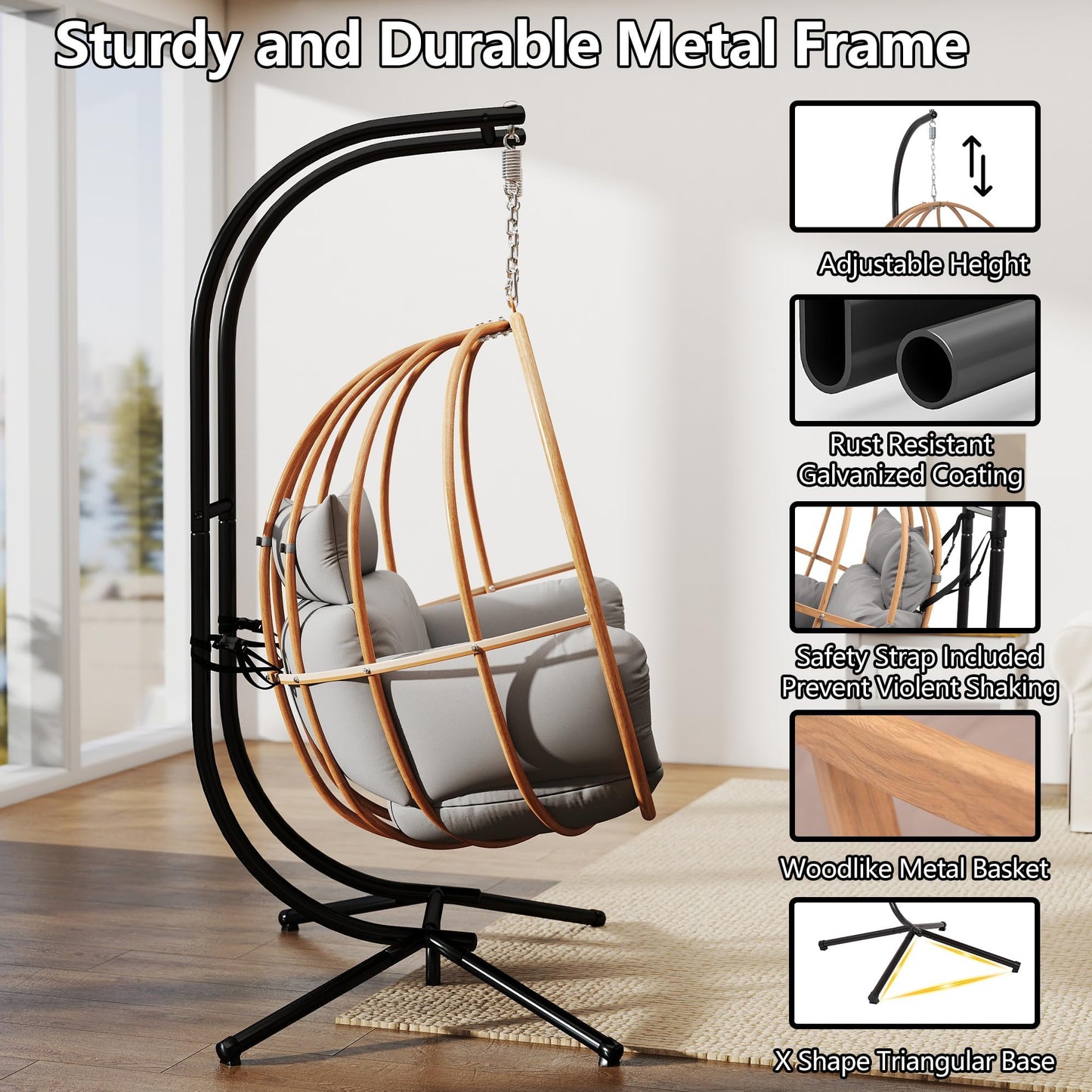 DAYARUS Double Egg Swing Chair with Stand, All Weather Egg Chair Outdoor with Cushions, Imitation Rattan Hanging Egg Swing Basket, 2 Person Hanging Chairs, Metal Nest Chair for Balcony/Deck, Grey